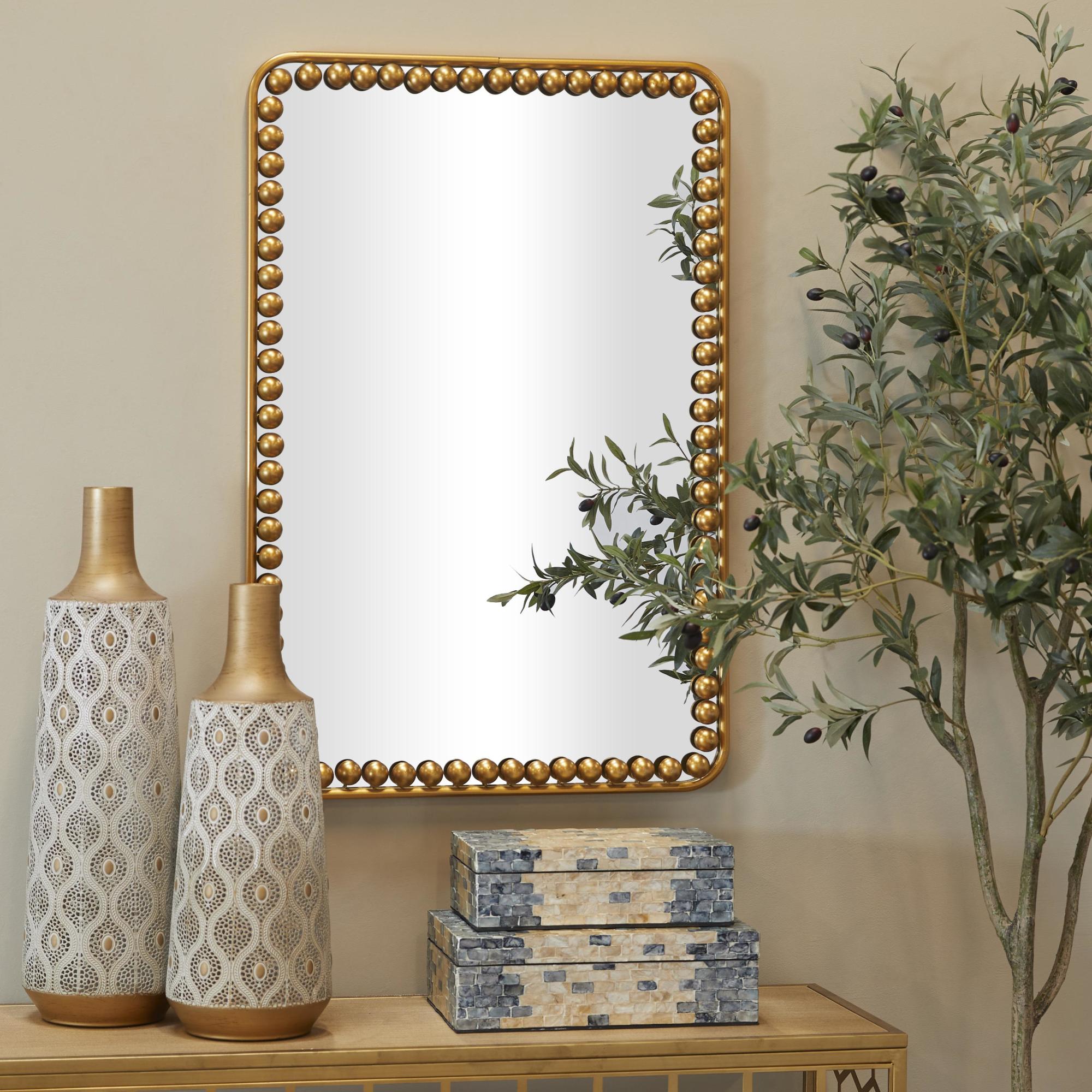 Gold Metal Rectangular Beaded Room Wall Mirror