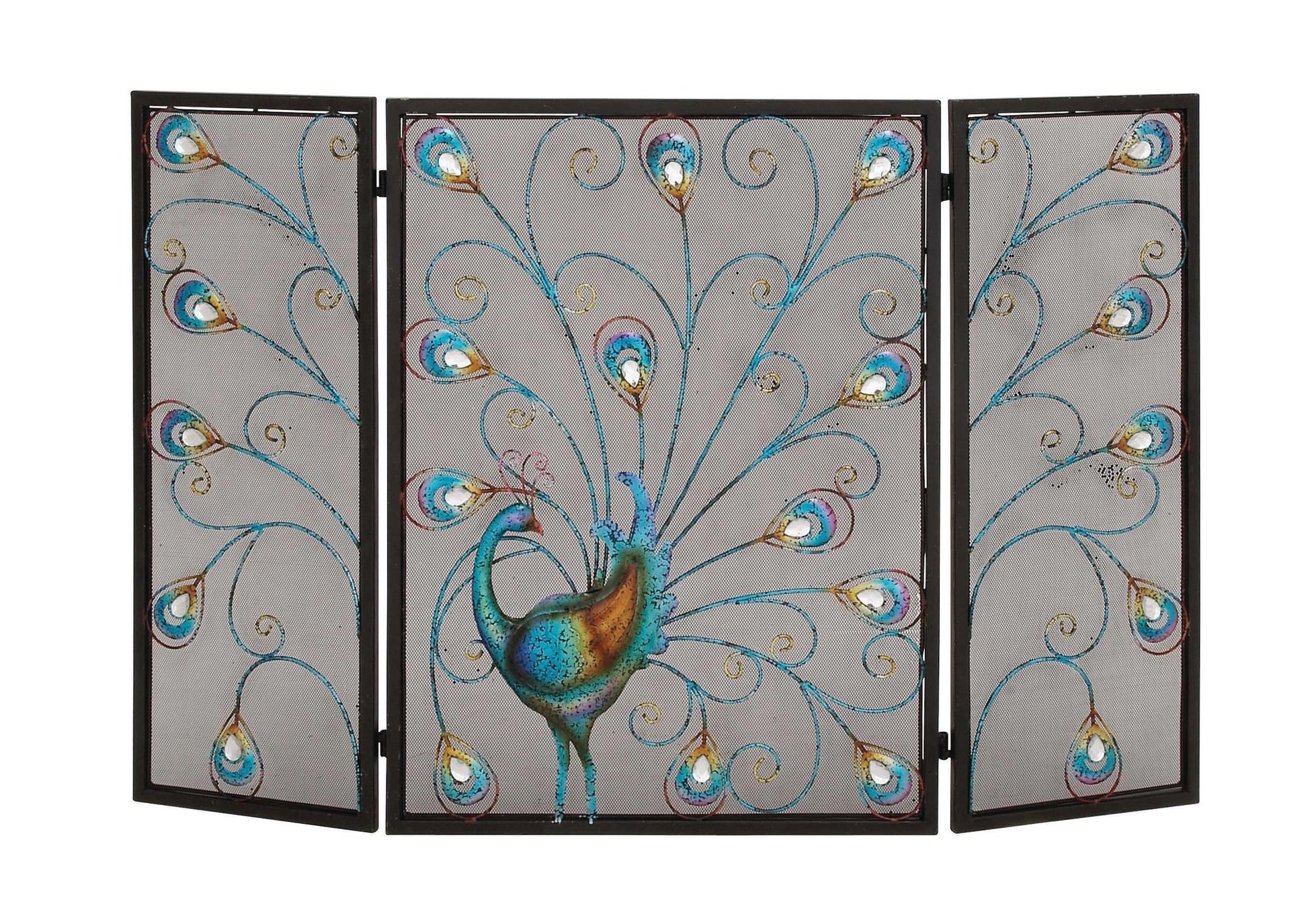 Peacock Blue Metal Rainbow 3 Panel Living Room Fireplace Screen with Crystal Accents and Black Frame