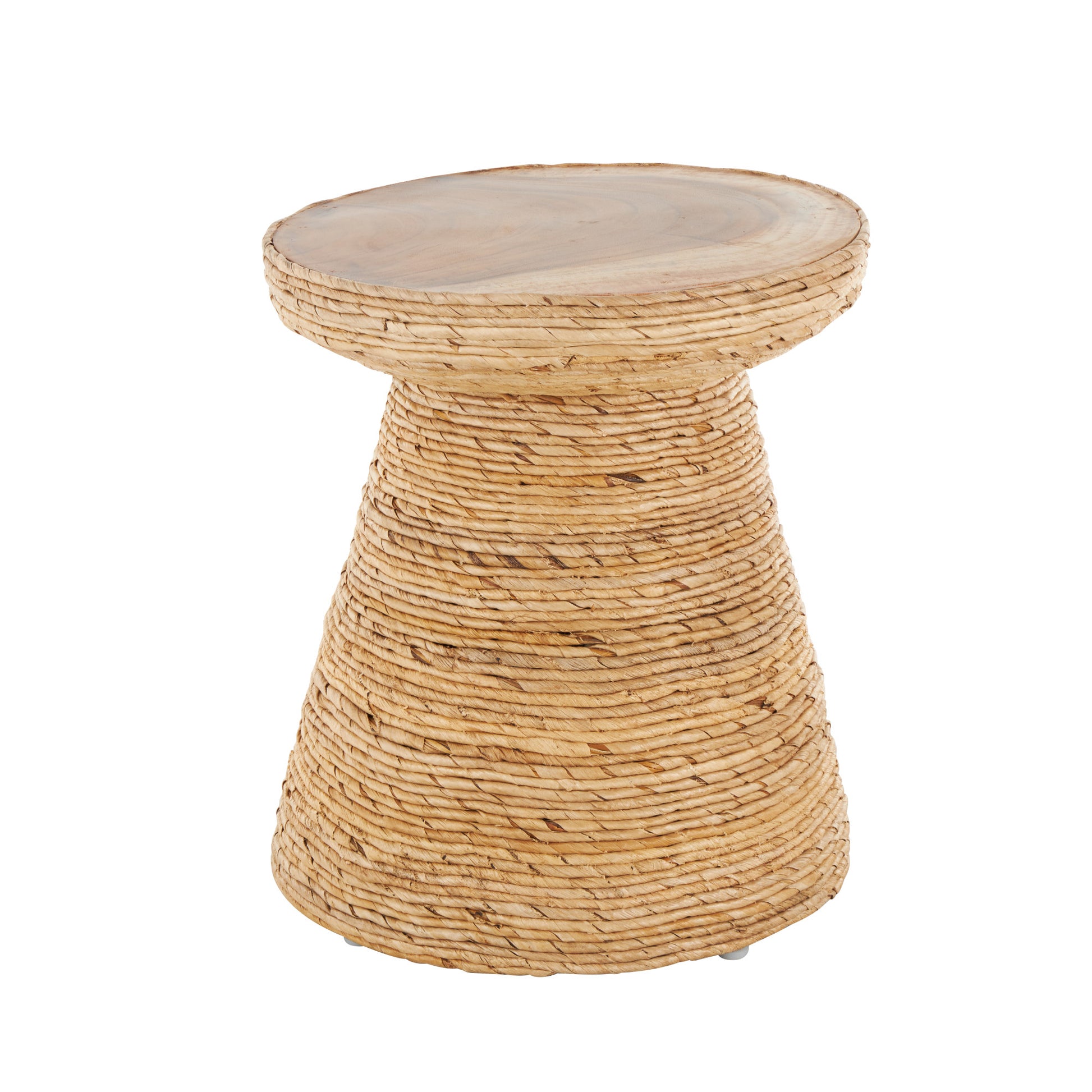 Brown Banana Leaf Handmade Woven Side End Accent Table with Wooden Tabletop