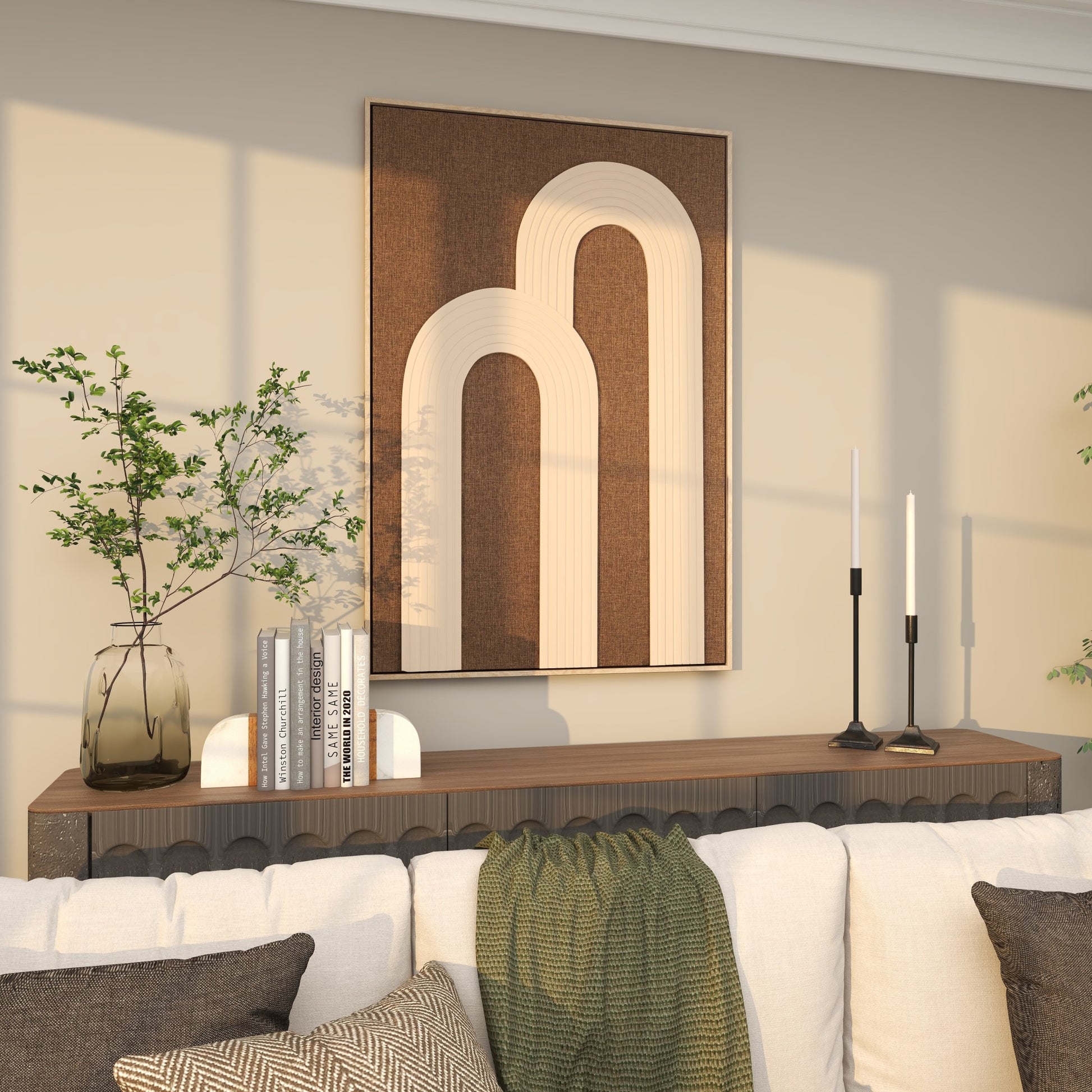 Abstract Dark Brown Polyester Living Room Framed Wall Art with Overlapping Tan Ribbed Arches