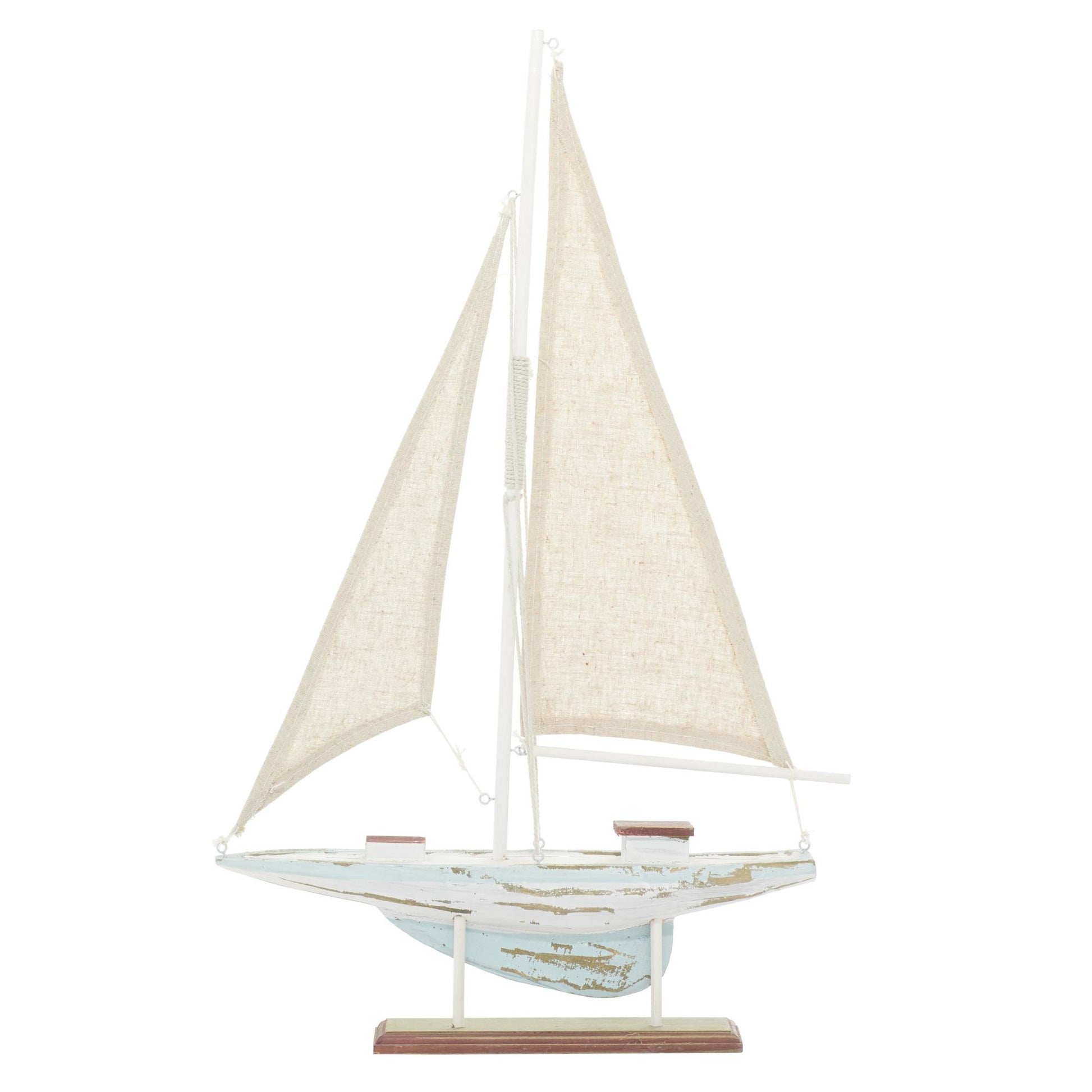 Sail Boat Blue Wood Distressed Decorative Sculpture with Cream Linen Sails and Brown Accents