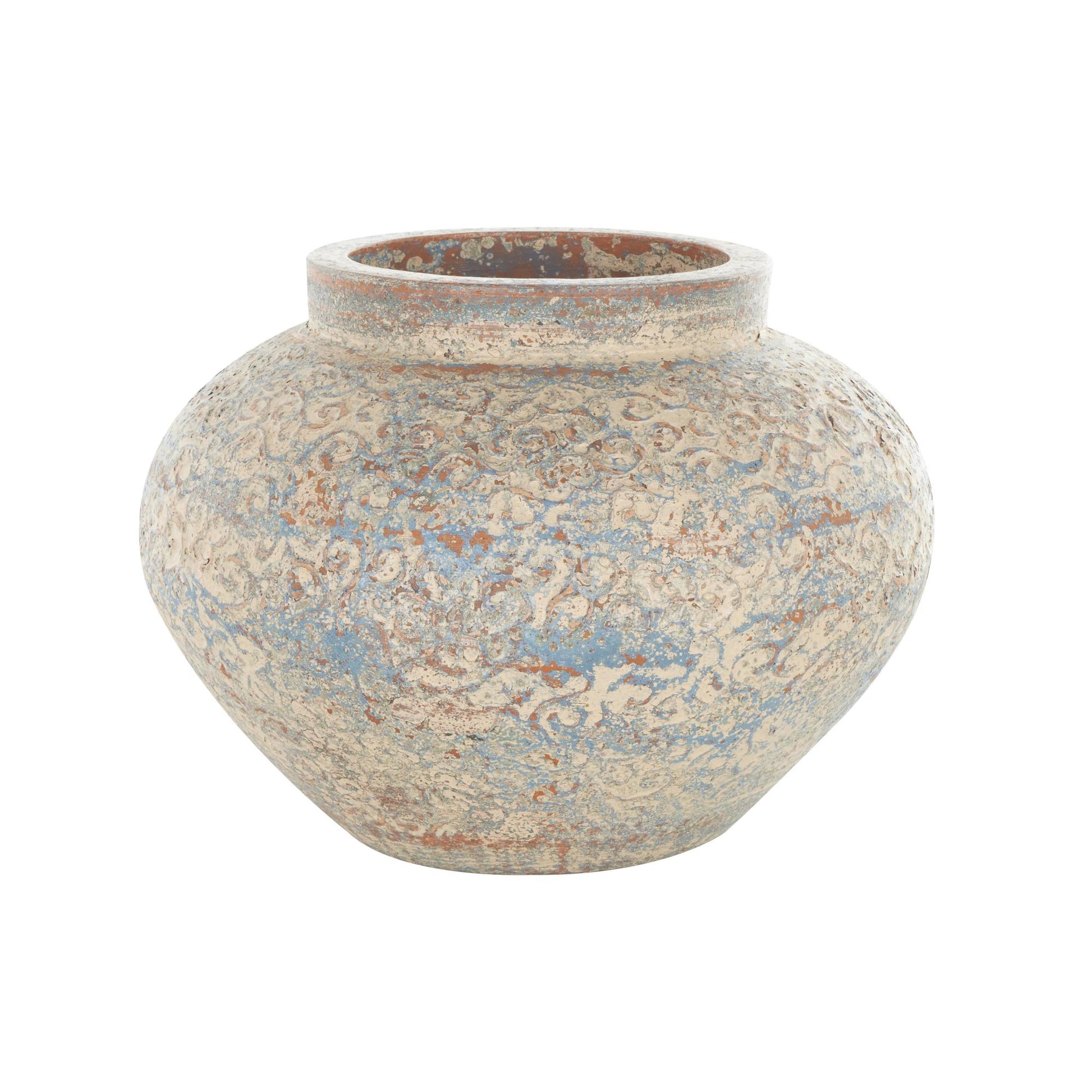Scroll Beige Ceramic Handmade Antique Style Wide Rounded Decorative Vase with Blue and Copper Accents