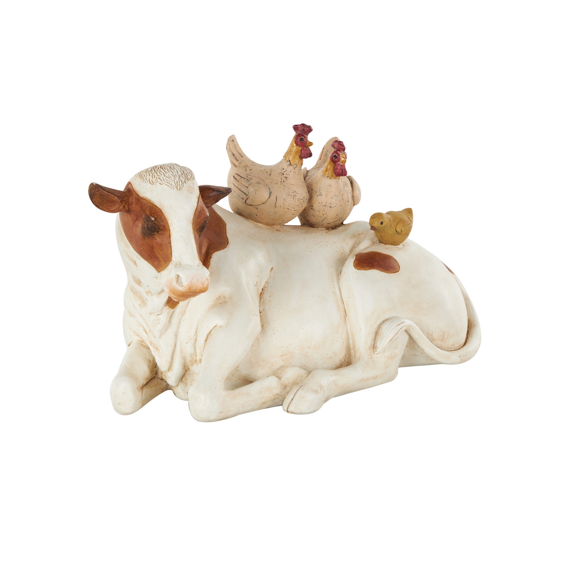 Cow Polystone Sleeping Decorative Sculpture with Sitting Roosters and Chicks 11" x 6" x 6"