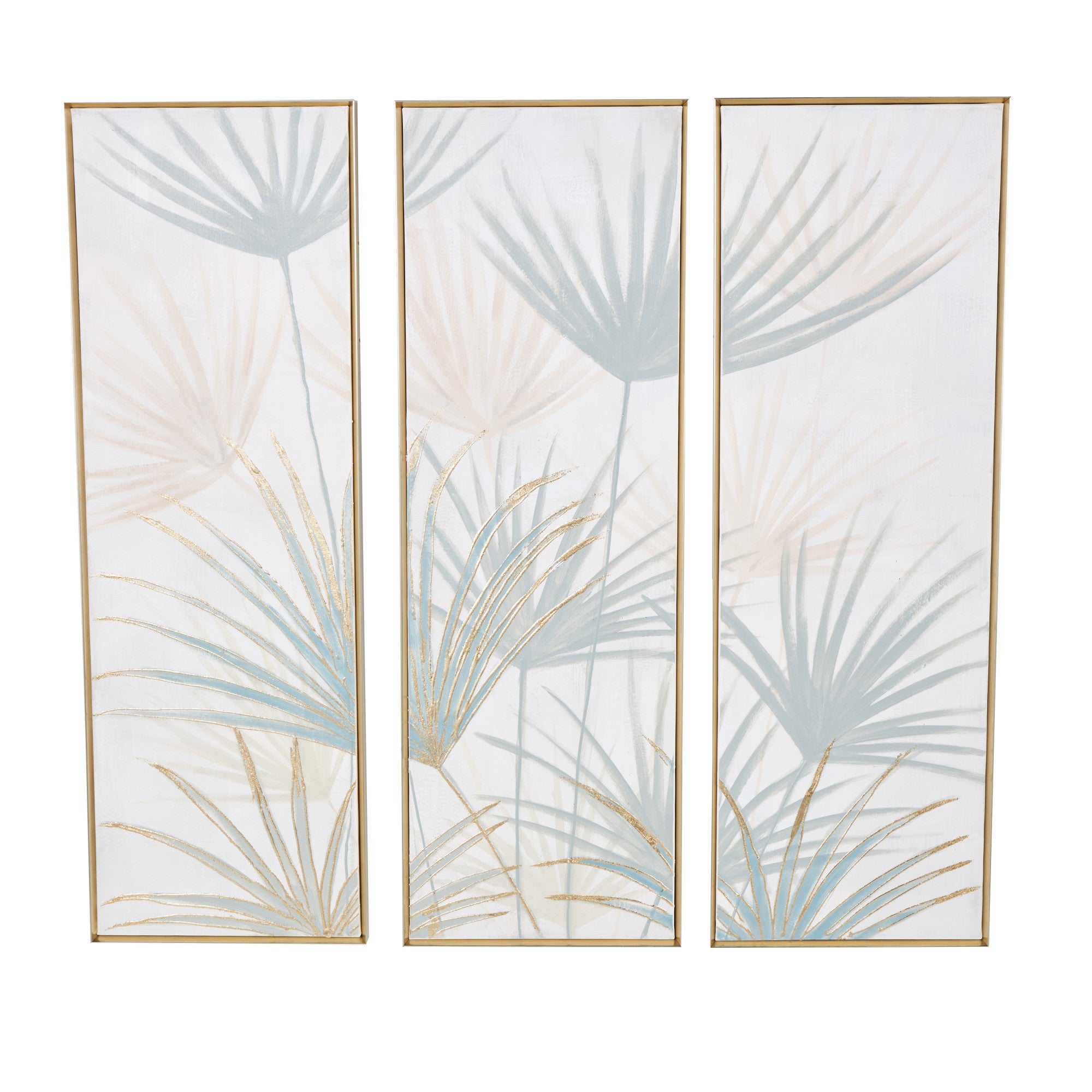 Set of 3 Palm Tree Teal Canvas Metallic Layered Leaf Living Room Framed Wall Art with Gold Foil Details