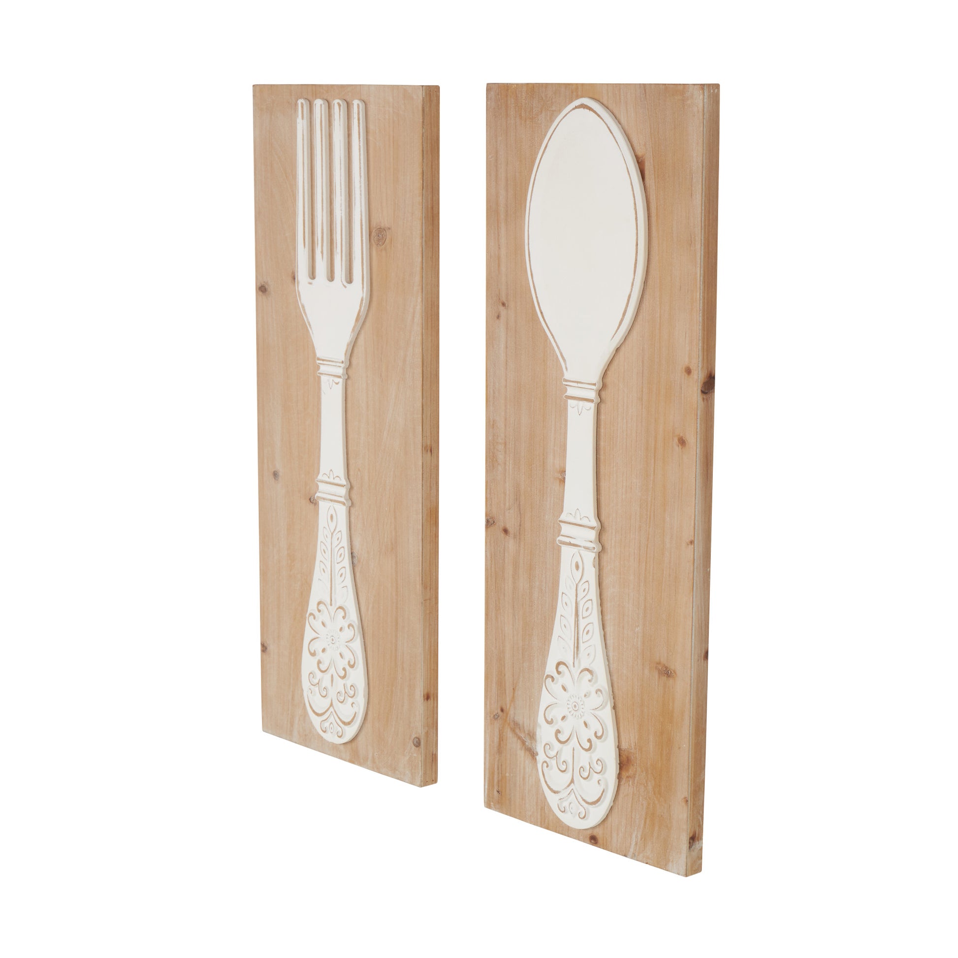 Set of 2 Utensils Brown Wooden Home Wall Decor with Carved White Floral Designs