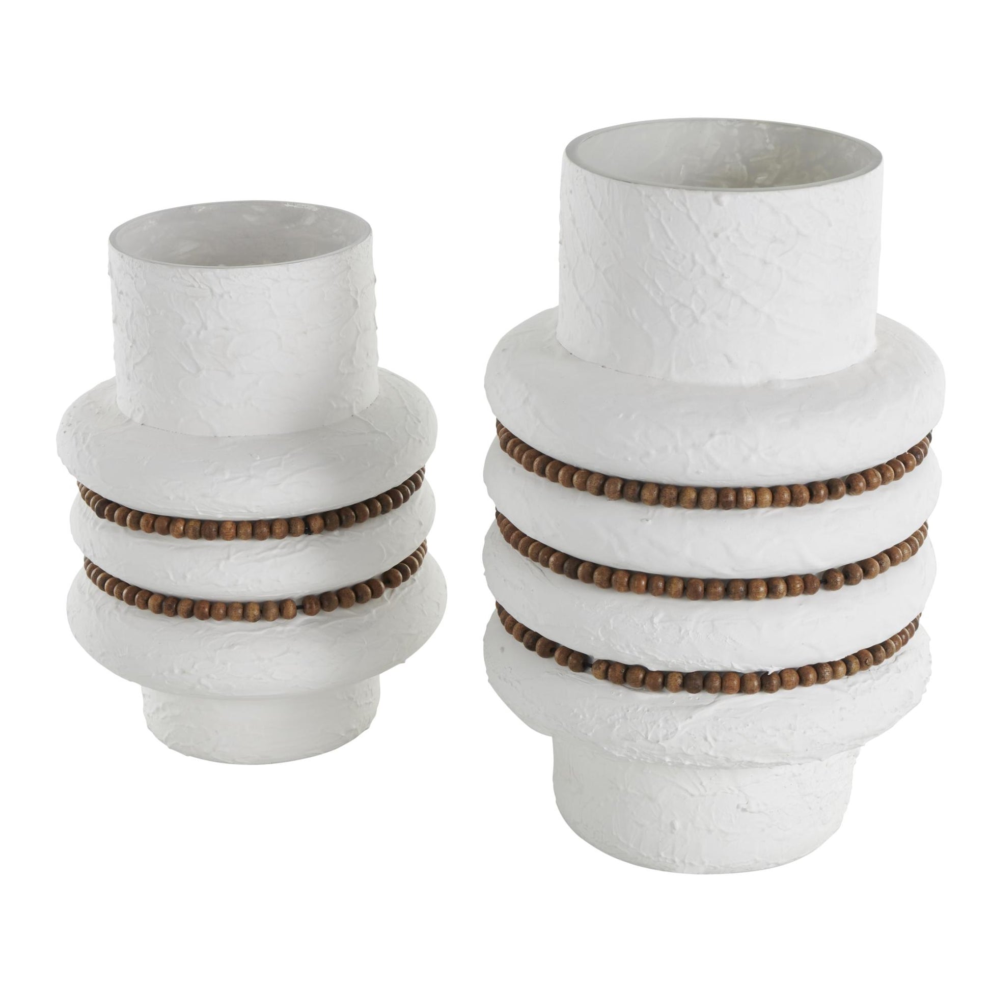 Set of 2 White Glass Textured Decorative Vase with Brown Wood Beaded Stripes