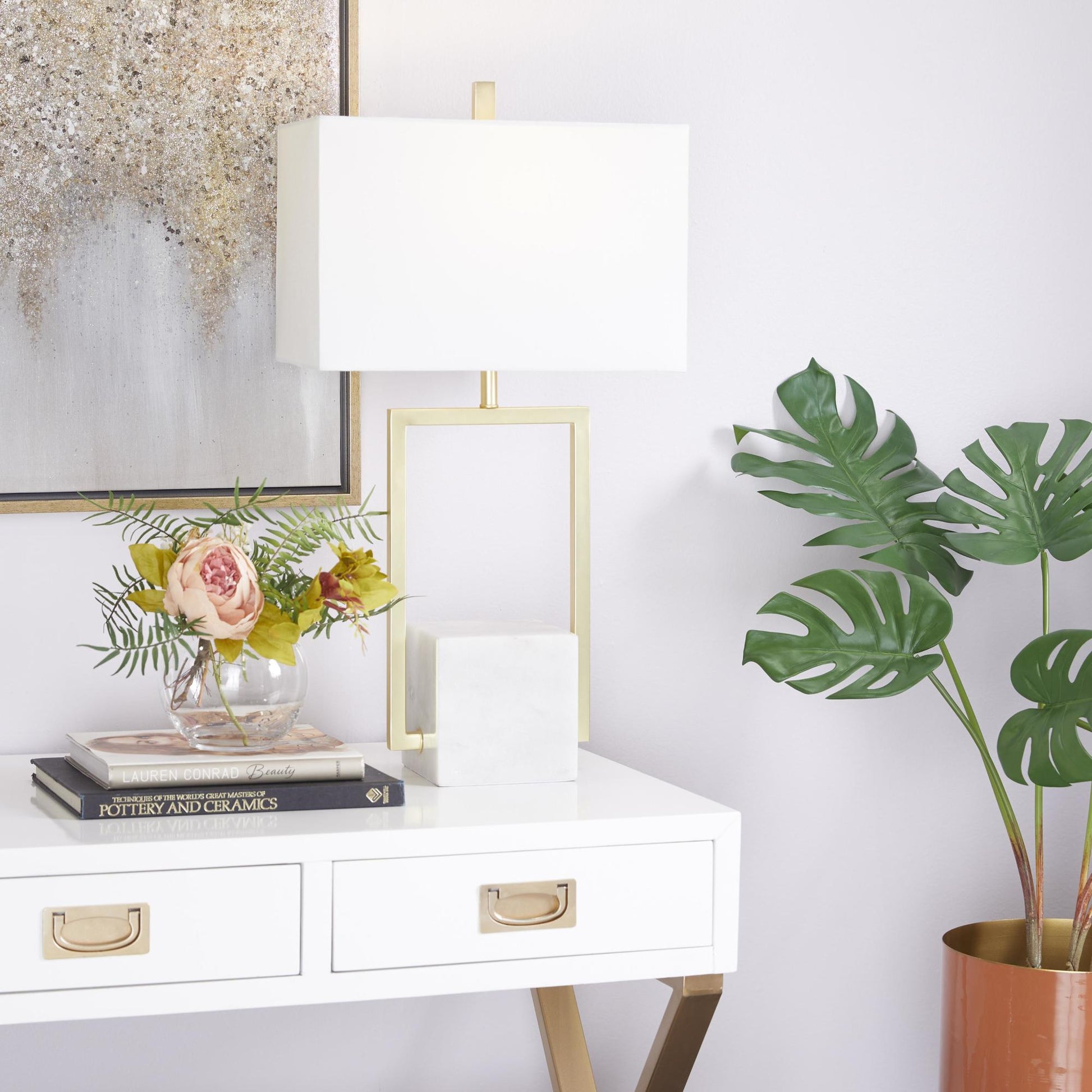 CosmoLiving by Cosmopolitan Geometric Marble Room Table Lamp with Square Shade