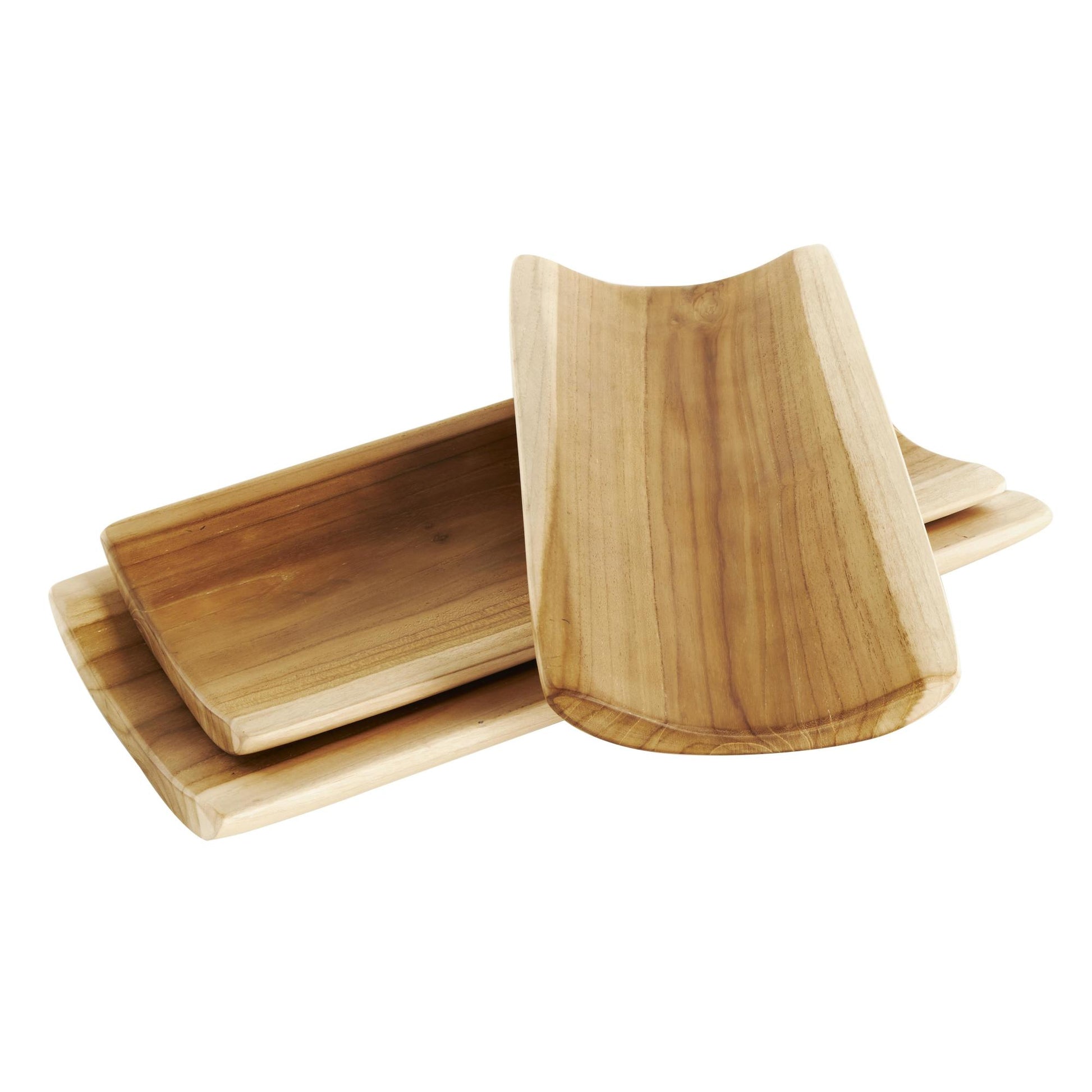Set of 3 Brown Teak Wood Handmade Curved Living Room Decor Tray