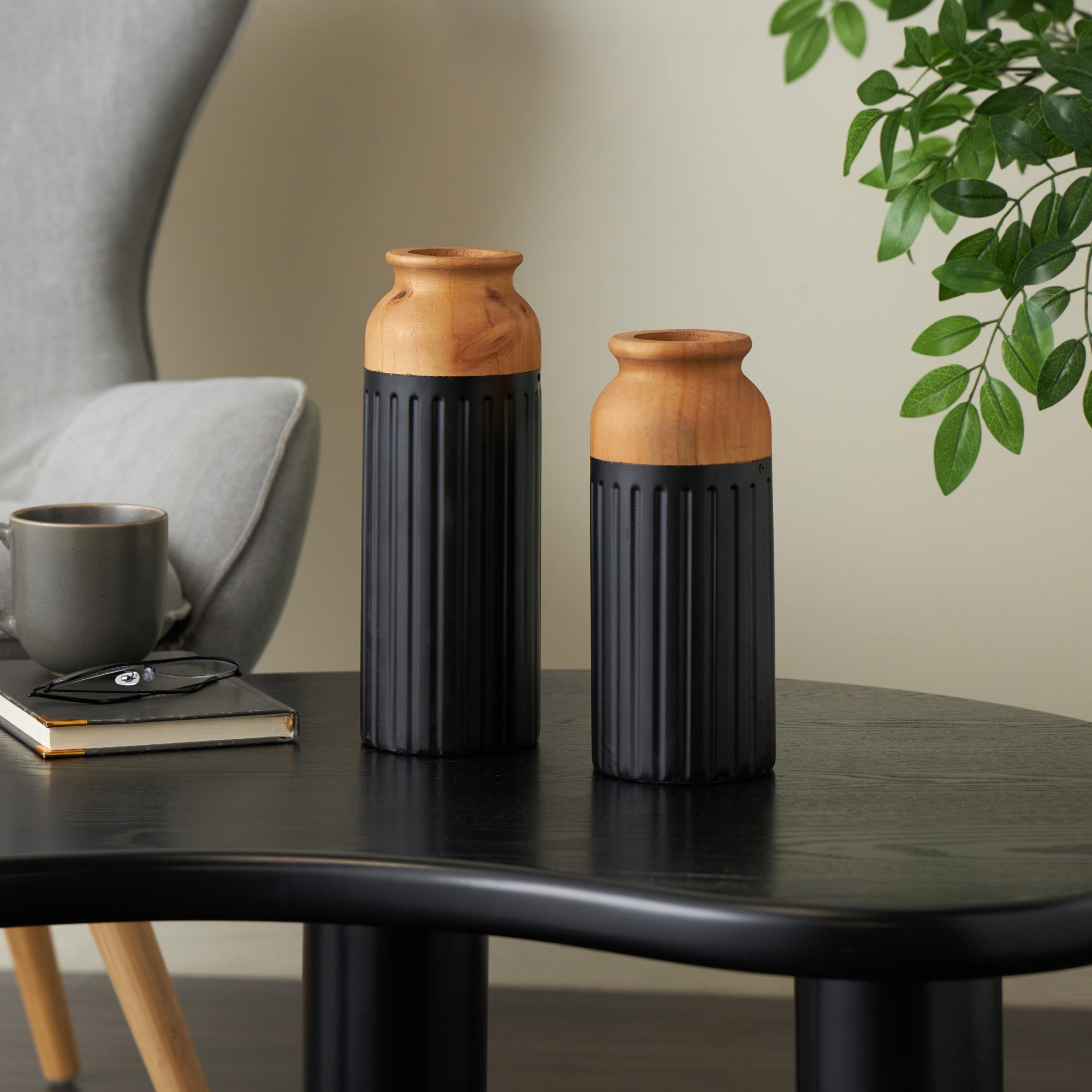 Set of 2 Metal Color Block Decorative Vase with Rounded Linear Grooves and Brown Wood Tops