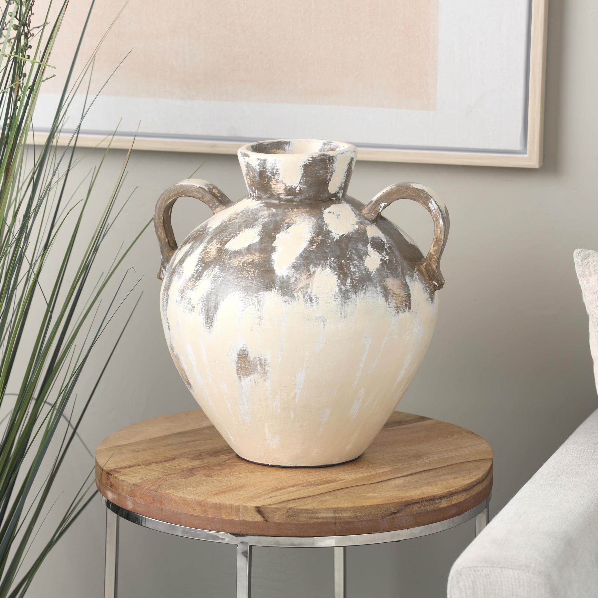 Cream Ceramic Antique Style Pot Decorative Vase with Arched Handles