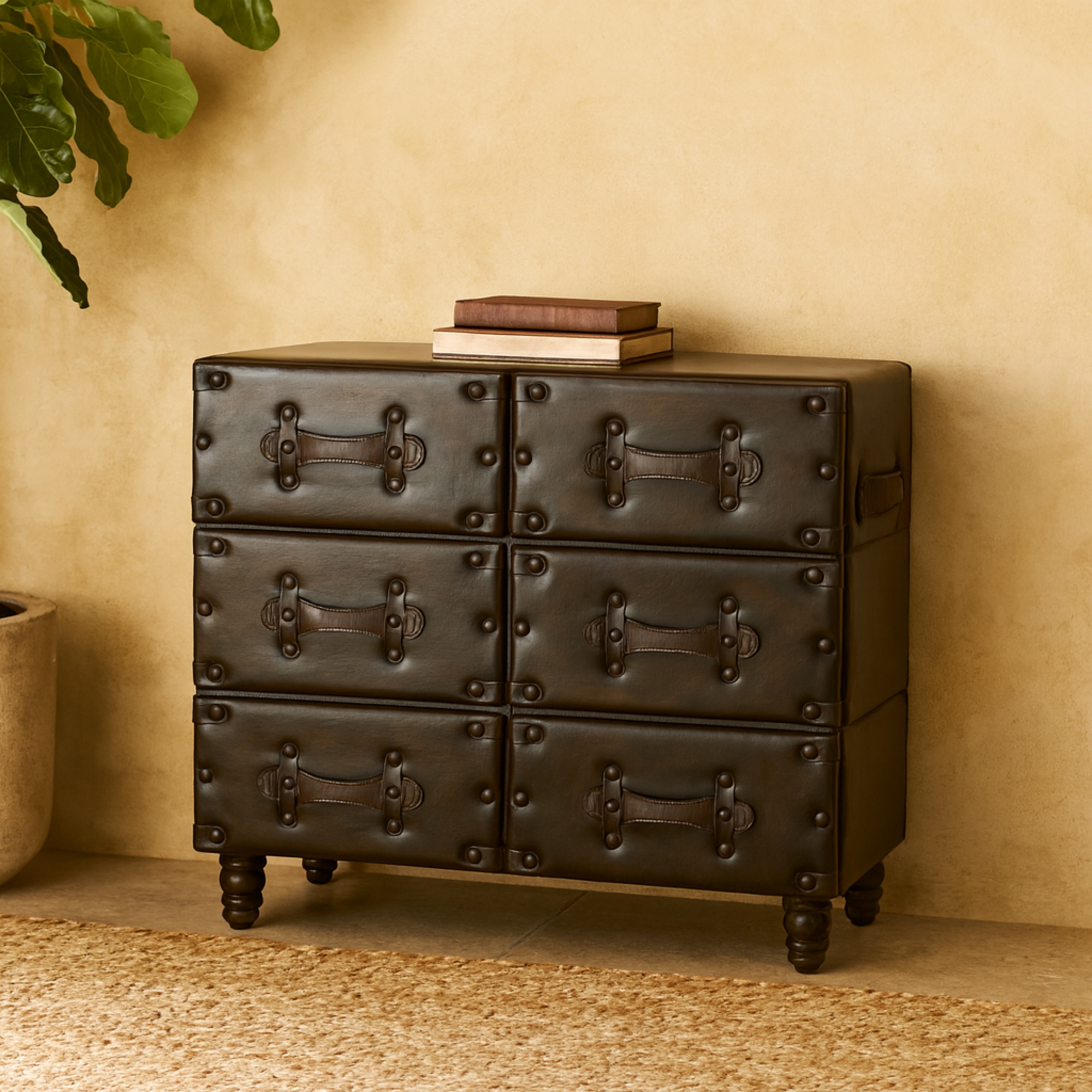 Black Wood Vintage Faux Leather Room Chest with Rivets and Straps Detailing