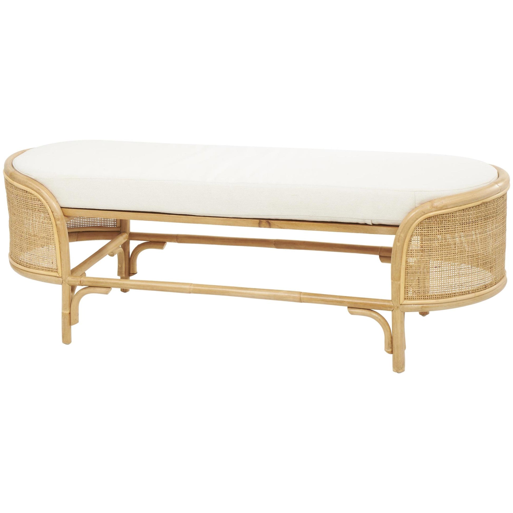 Brown Rattan Handmade Oval Home Bench with White Fabric Cushion