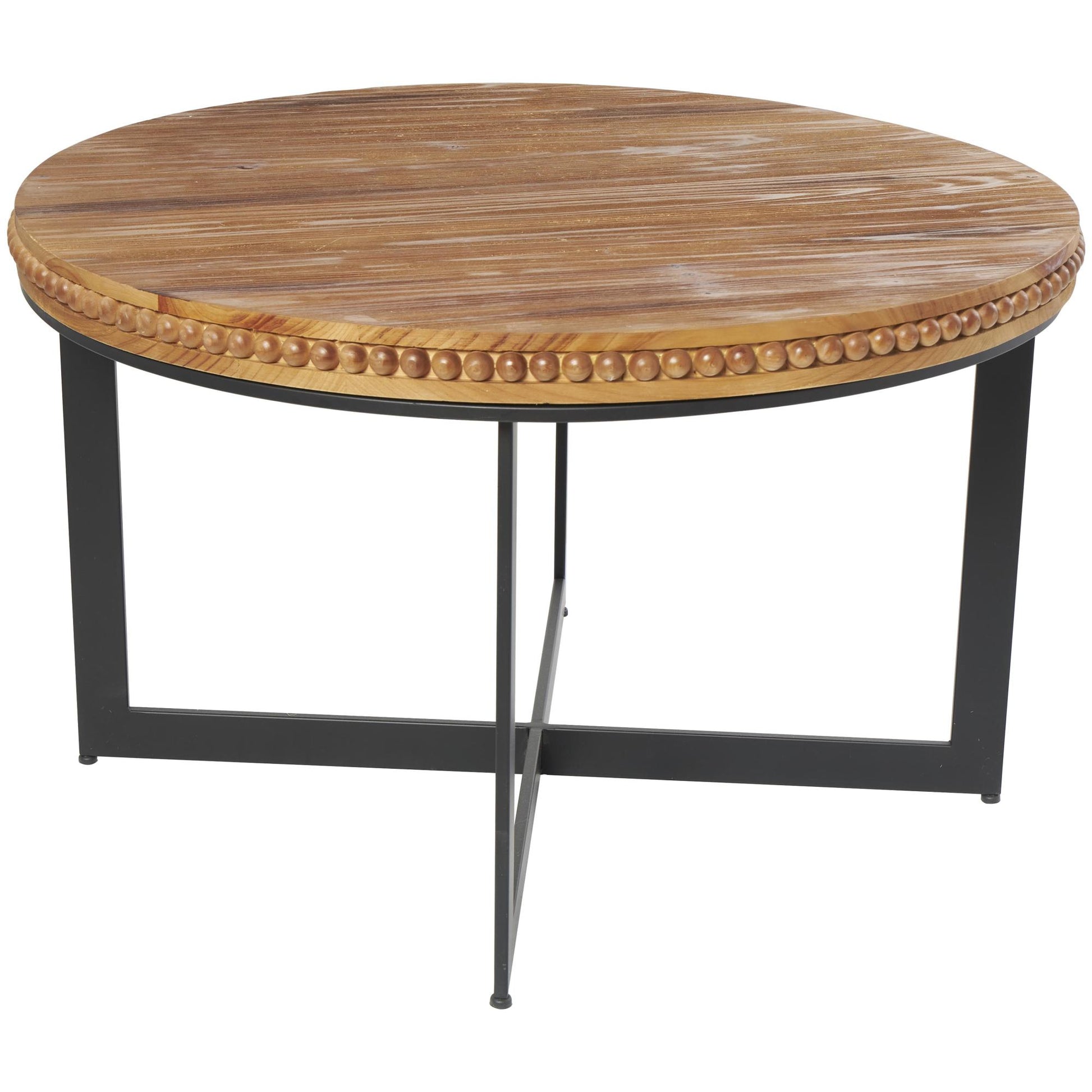 Brown Wood Beaded Living Room Coffee Table with Metal X-Shaped Base