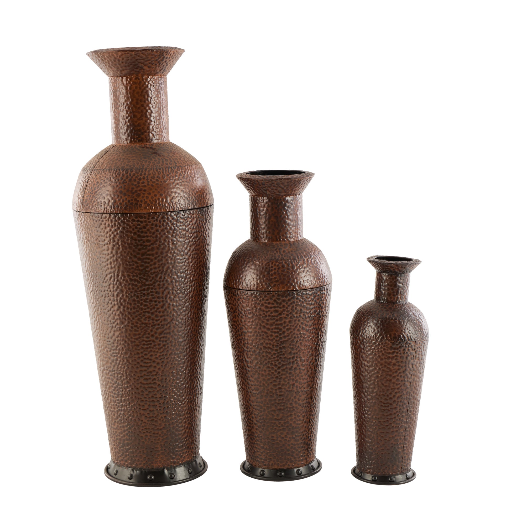 Set of 3 Dark Brown Metal Indoor Outdoor Tall Floor Bottleneck Decorative Vase with Bubble Texture and Studs