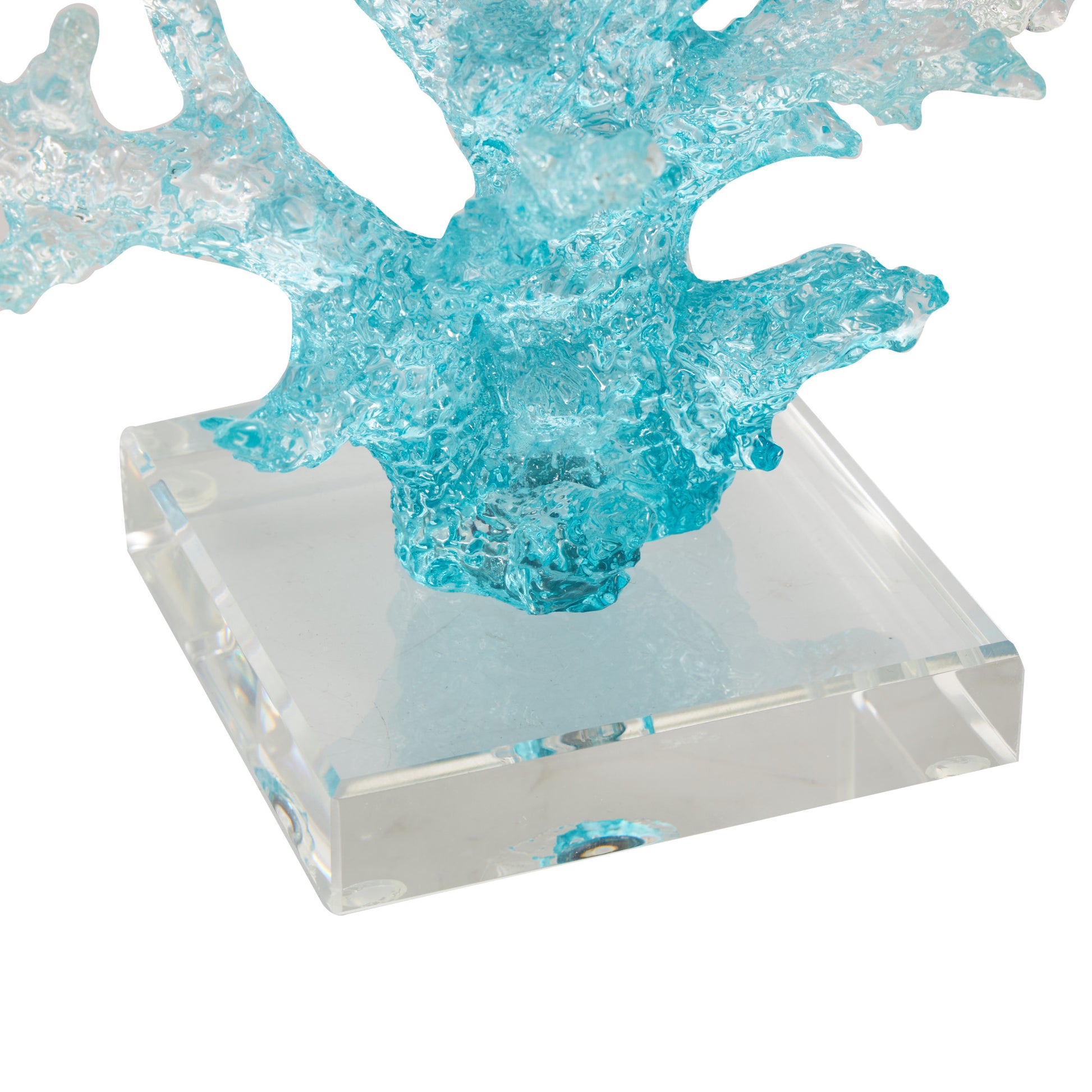 Coral Blue Glass Ombre Decorative Sculpture with Clear Square Base