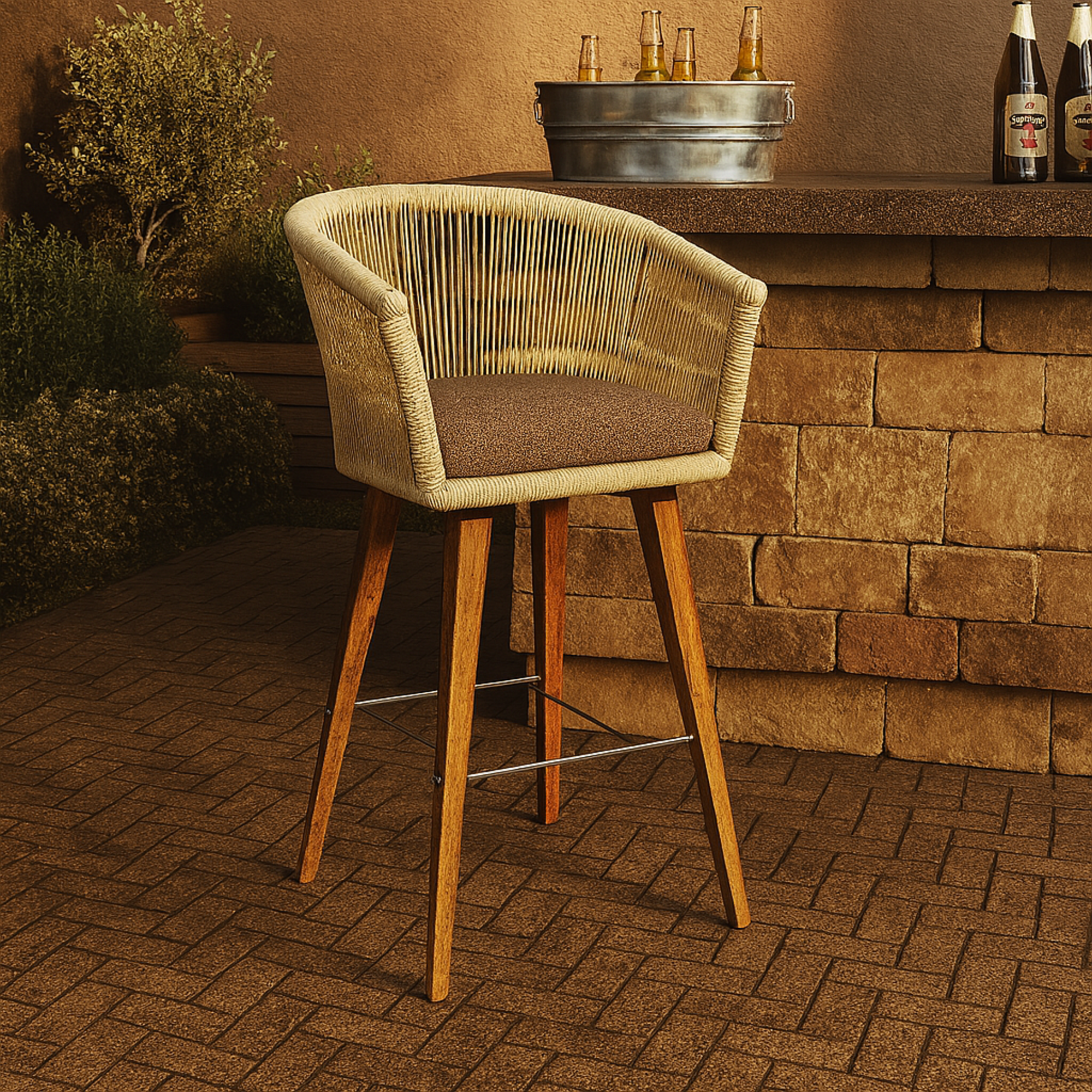 Gray Fabric Woven Rope Indoor Kitchen Bar Stool with Polyester Cushion and Tapered Wood Legs