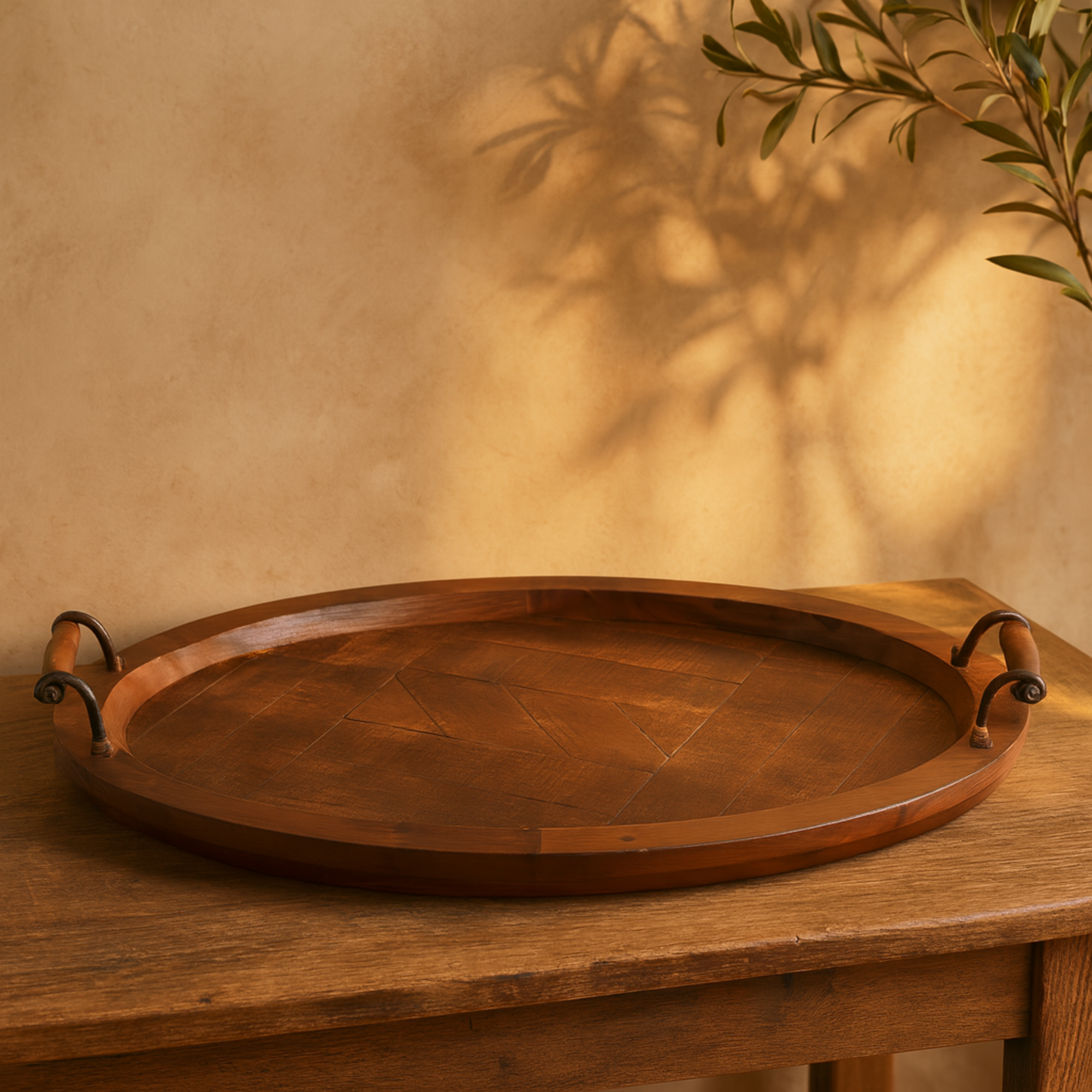 Brown Wood Large Oval Living Room Decor Tray with Scroll Metal Handles