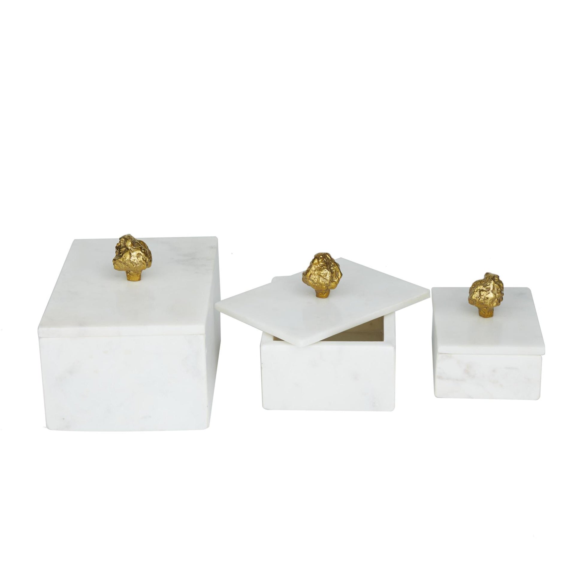 Set of 3 Marble Decorative Box with Textured Aluminum Knobs Set of 3 9", 7", 6"W