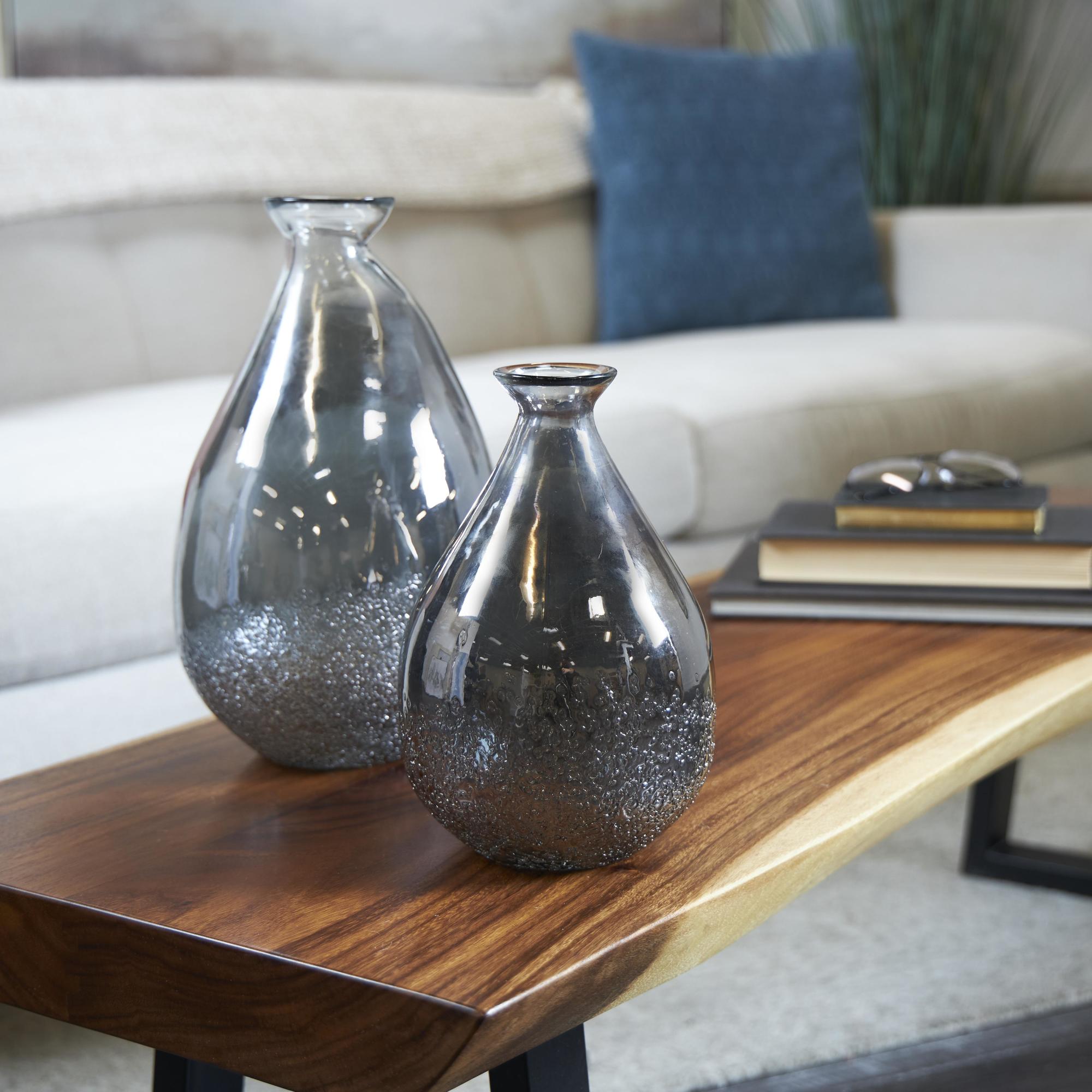 Set of 2 Glass Textured Teardrop Decorative Vase with Textured Base