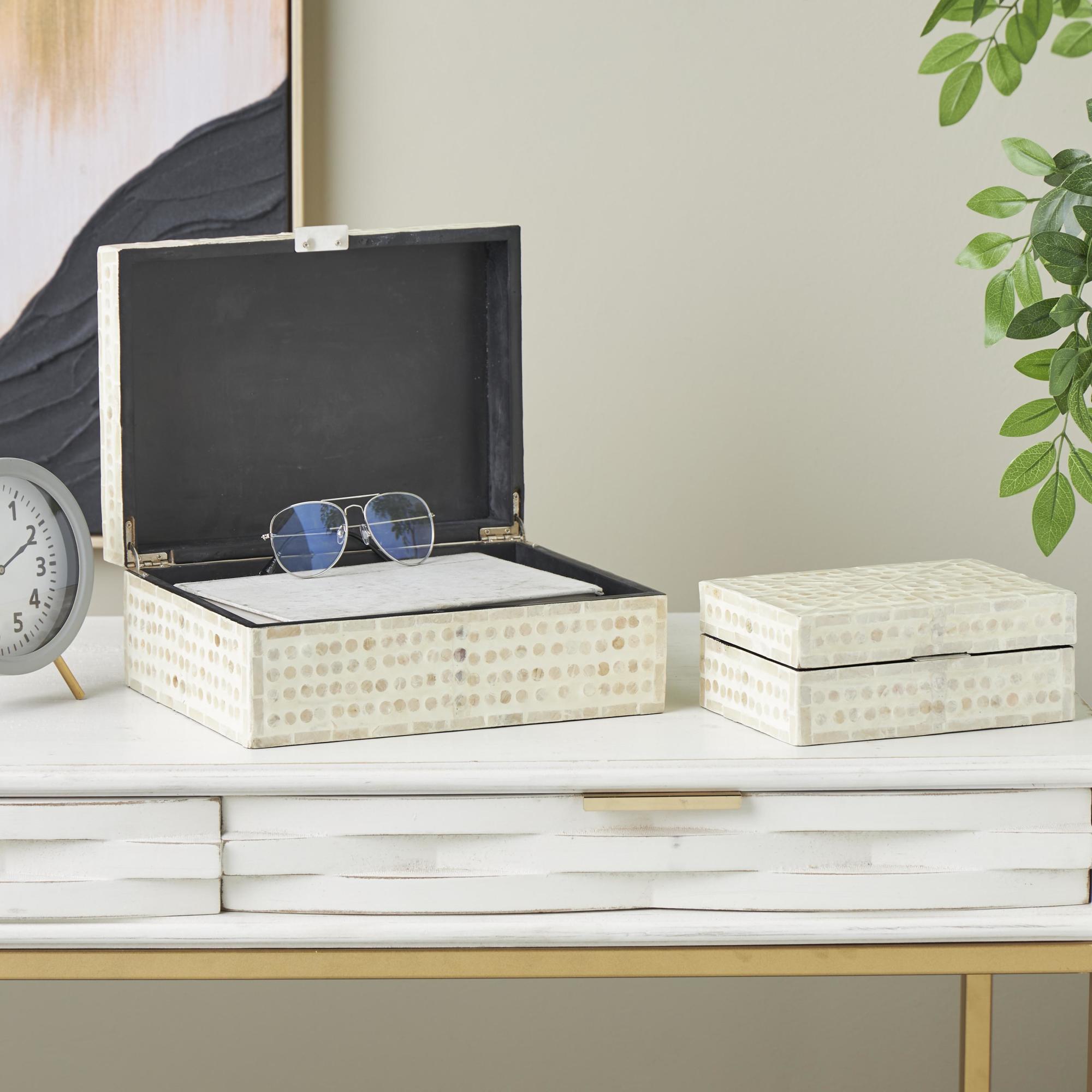 Set of 2 Geometric Cream Mother of Pearl Shell Handmade Mosaic Dot Storage Decorative Box with Brown Accents