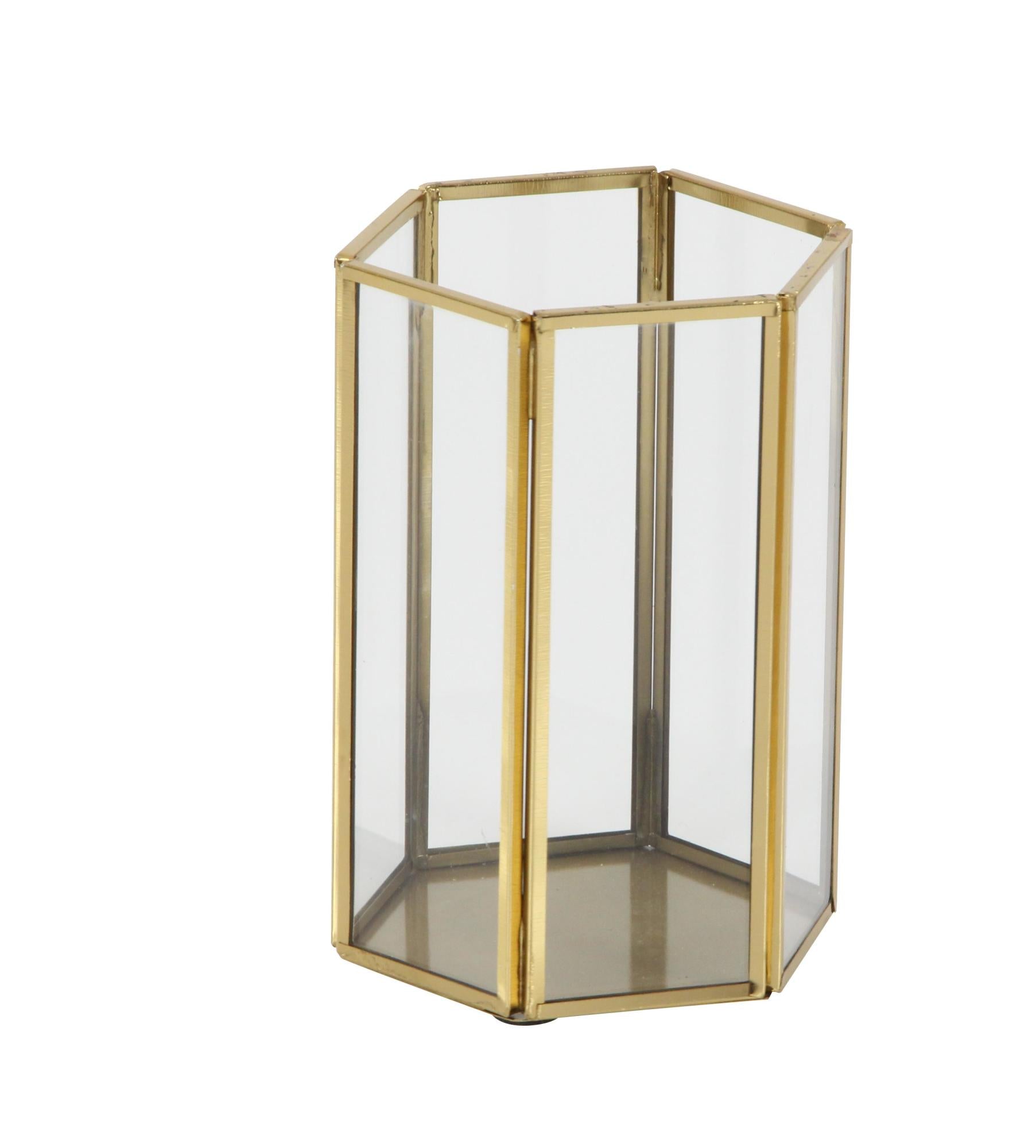 CosmoLiving by Cosmopolitan Set of 3 Gold Glass Decorative Indoor Outdoor Candle Lantern with Metal Plate