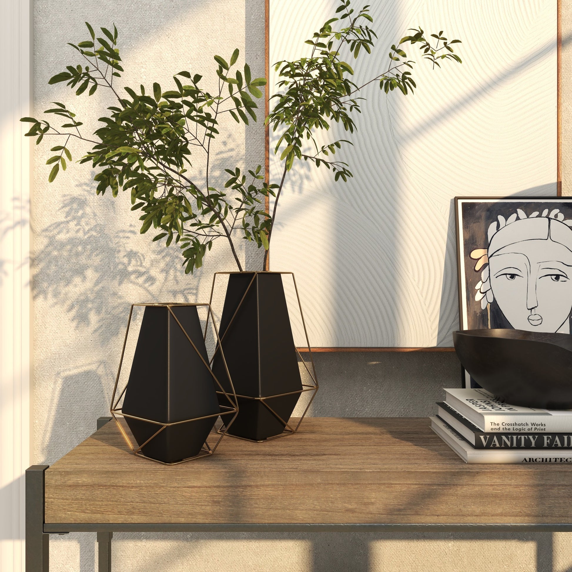 Set of 2 Geometric Black Metal Decorative Vase with Gold Wire Accents