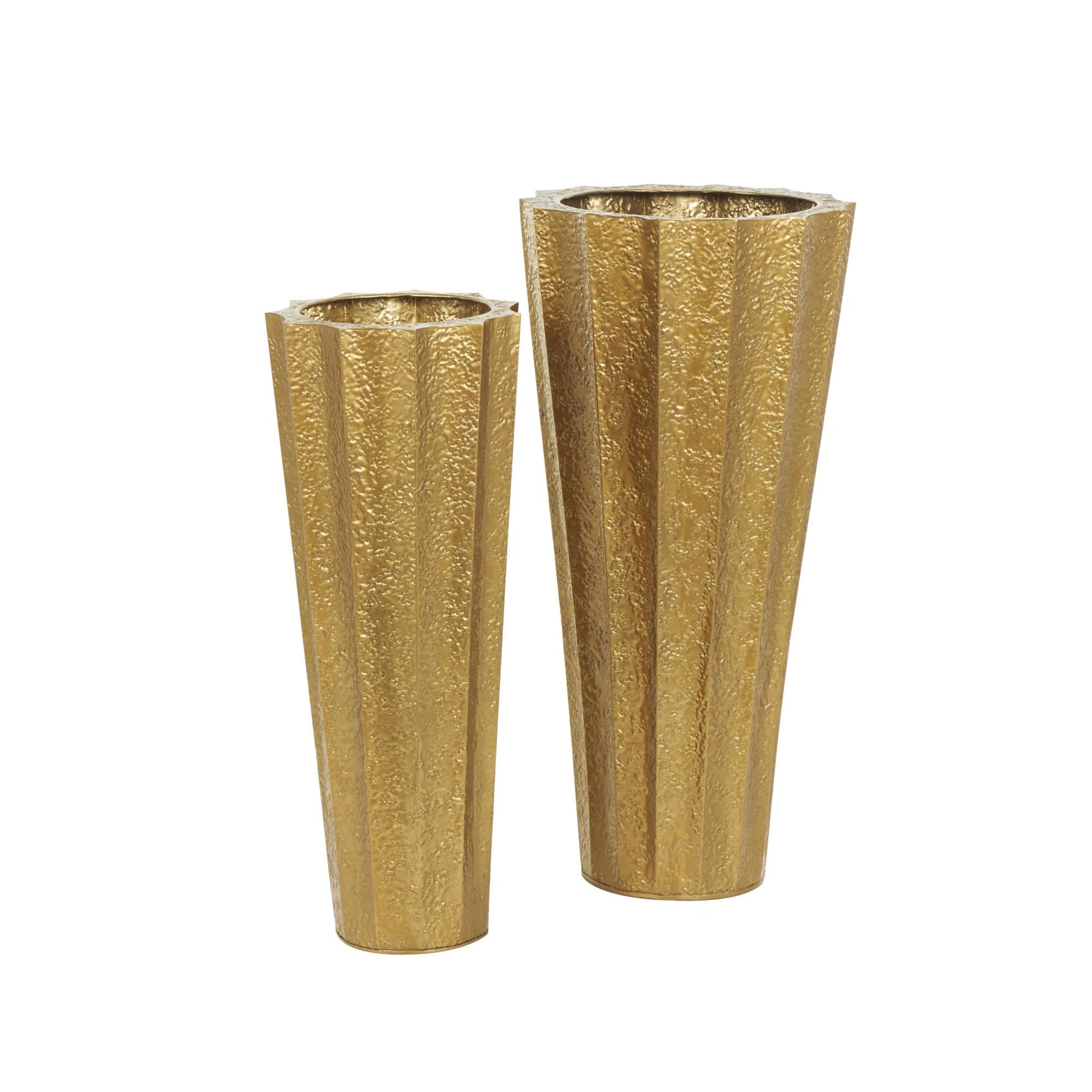 Set of 2 Gold Metal Tall Textured Hammered Floor Decorative Vase
