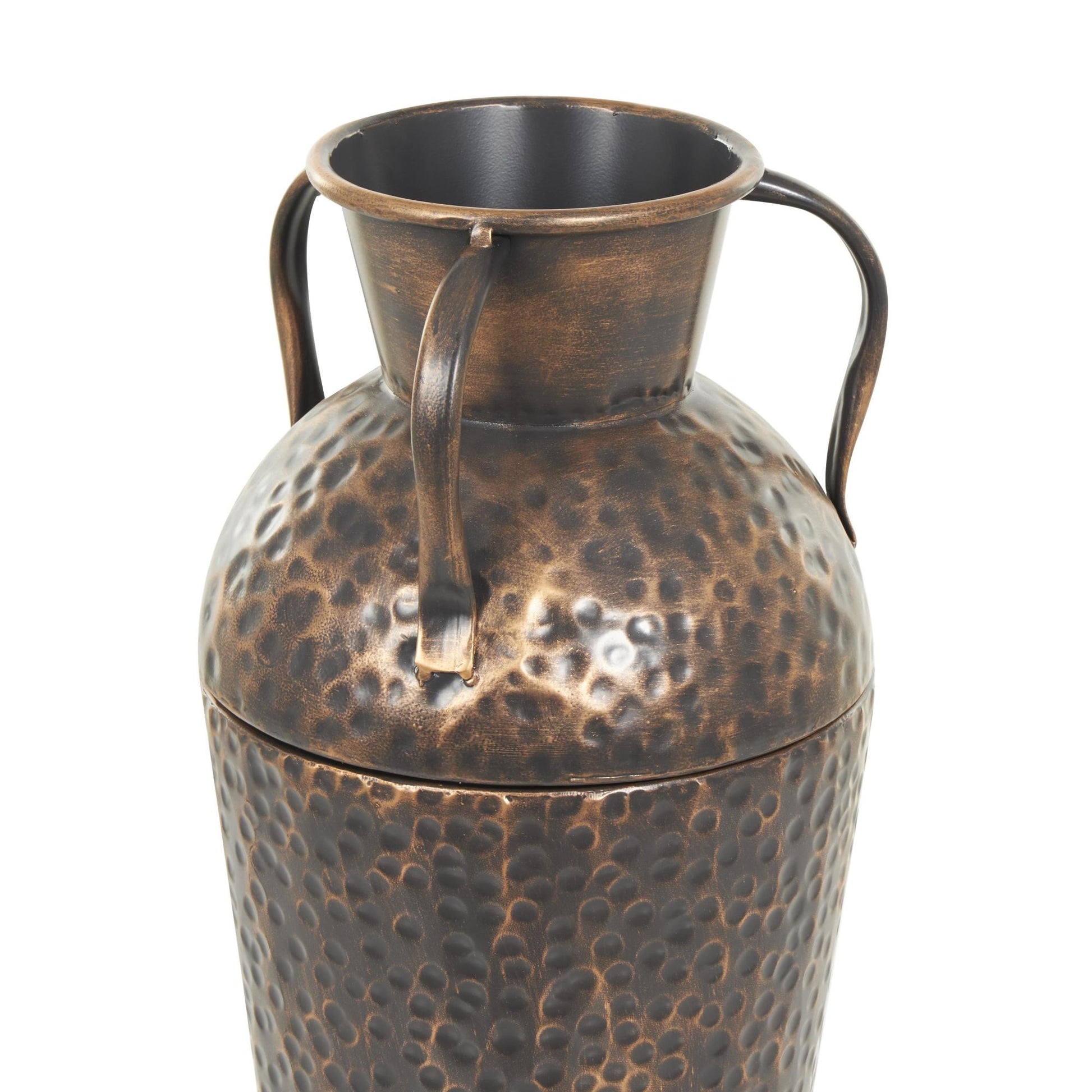 Set of 3 Copper Metal Tall Floor Weathered Amphora Decorative Vase with Hammered Details and Handles