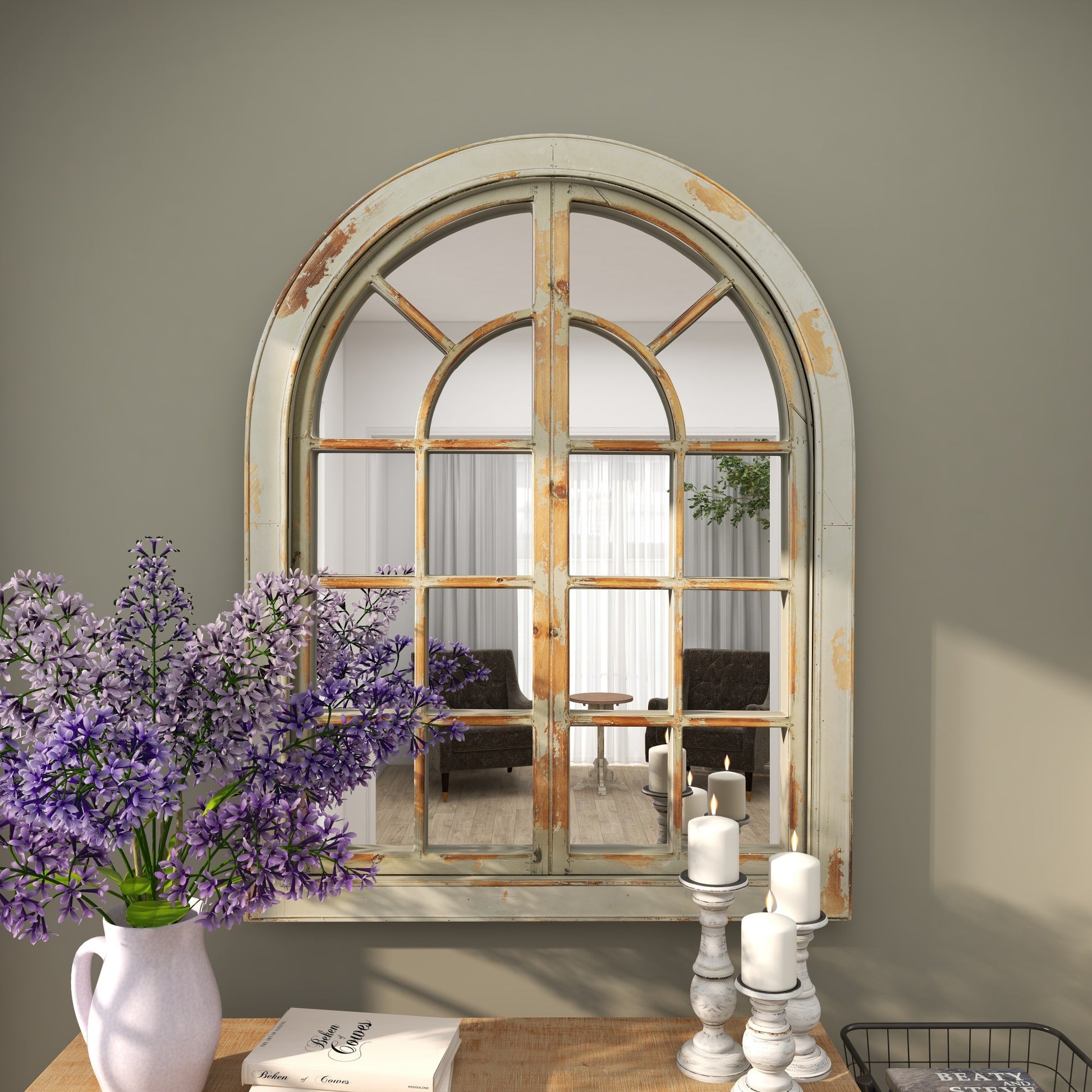 Wood Window Pane Inspired Room Wall Mirror with Arched Top and Distressing