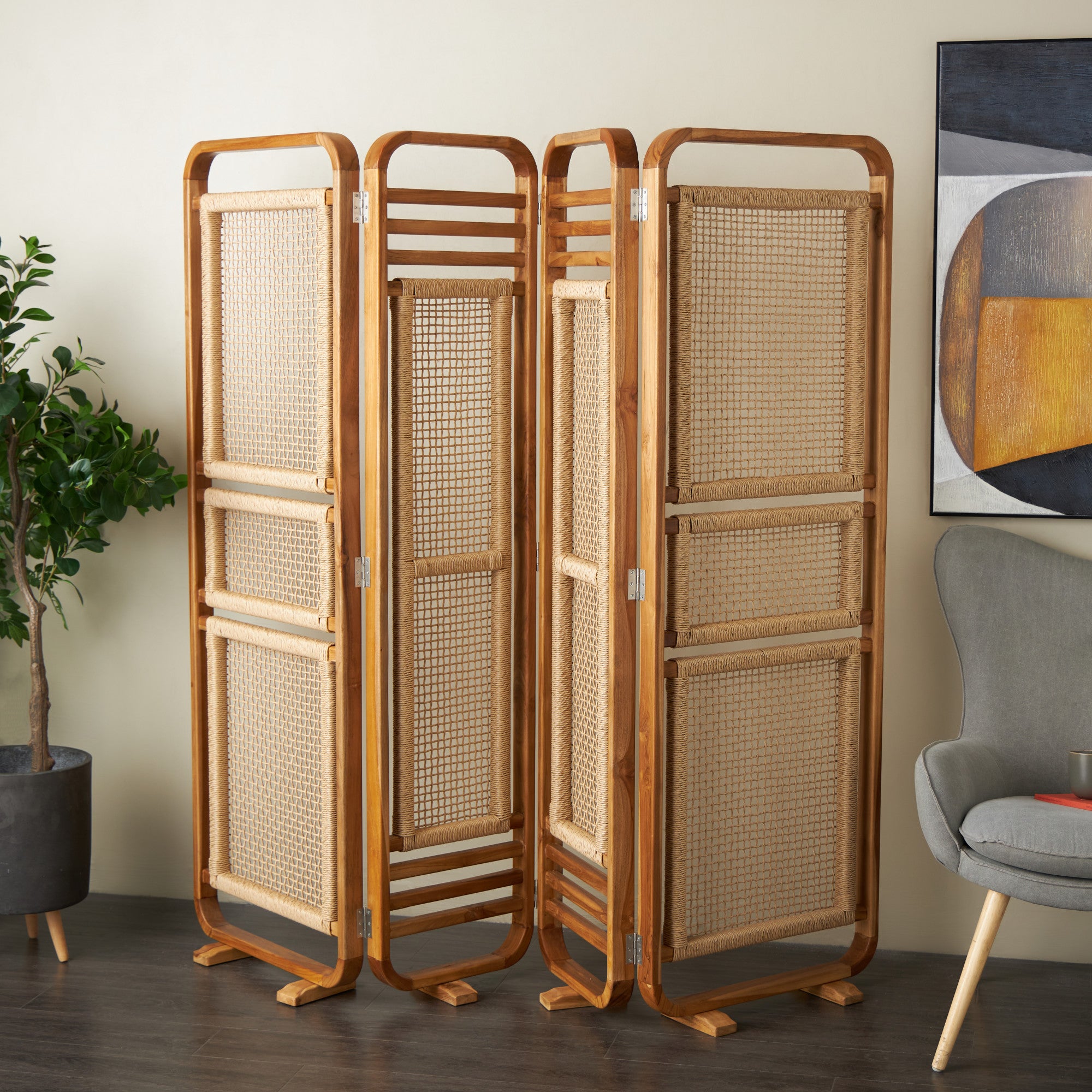 Brown Teak Wood Handmade Foldable Partition 4 Panel Partition Room Divider Screen with Woven Rattan Panels