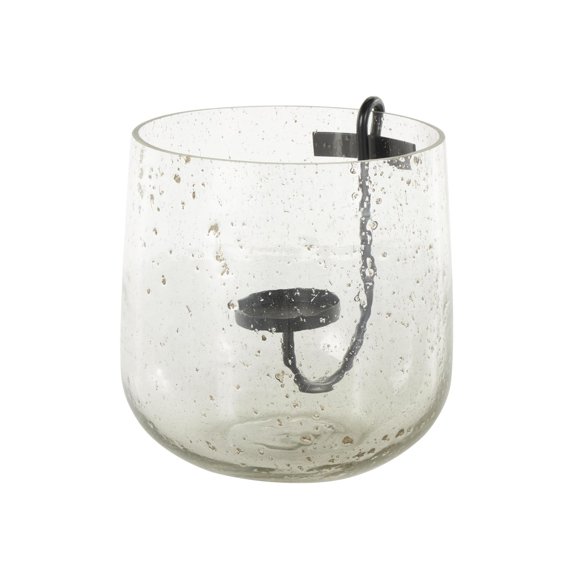 Clear Glass Decorative Candle Holder with Black Metal Accents and Brown Speckles