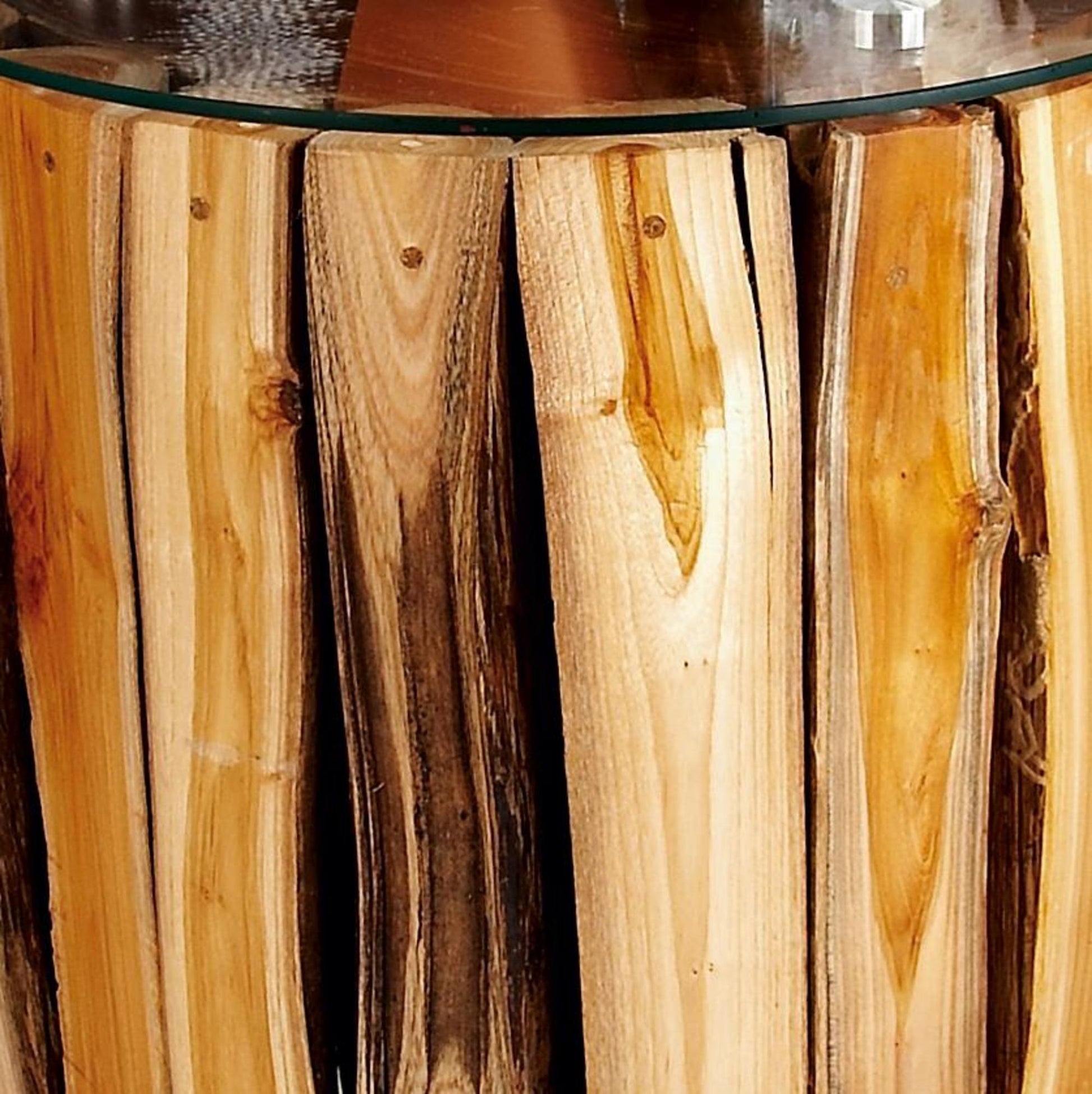 Brown Teak Wood Handmade Live Edge Tree Branch Side End Accent Table with Clear Glass Top