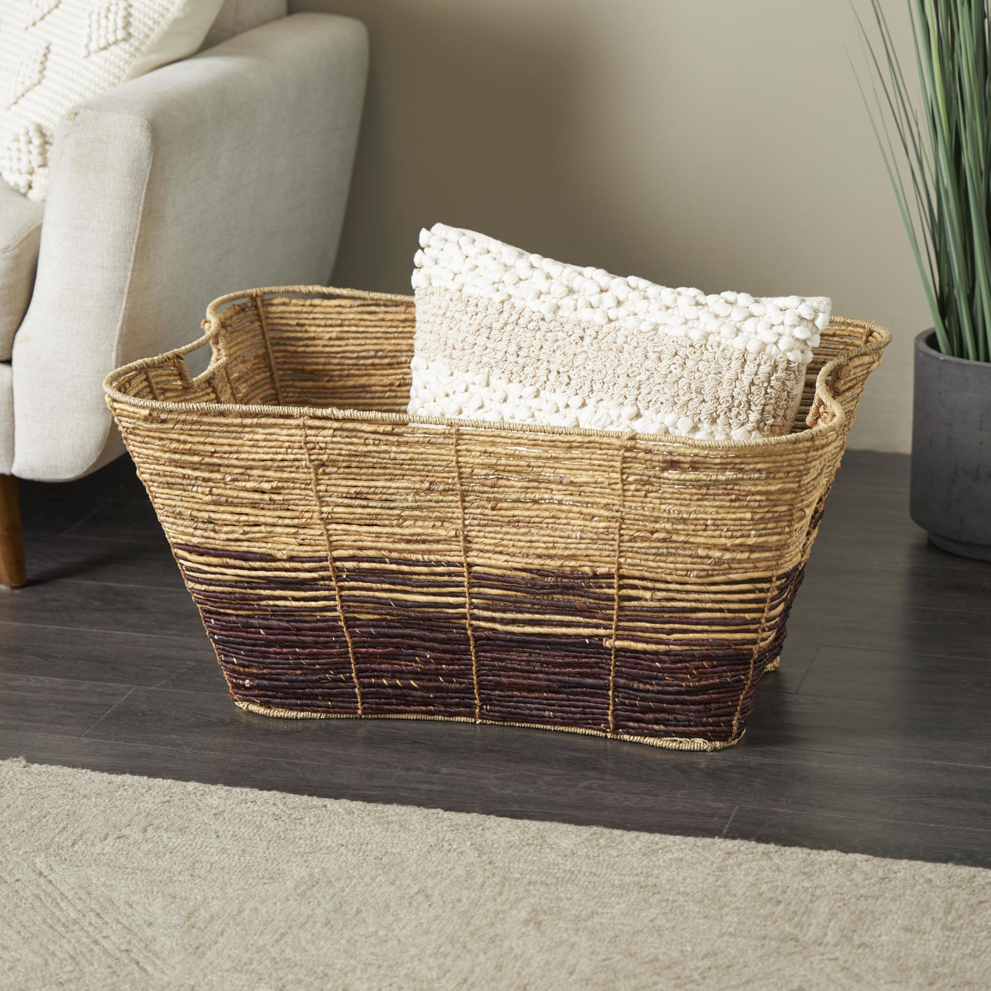 Brown Seagrass Handmade Oversized Color Block Decorative and Functional Storage Basket with Slot Handles
