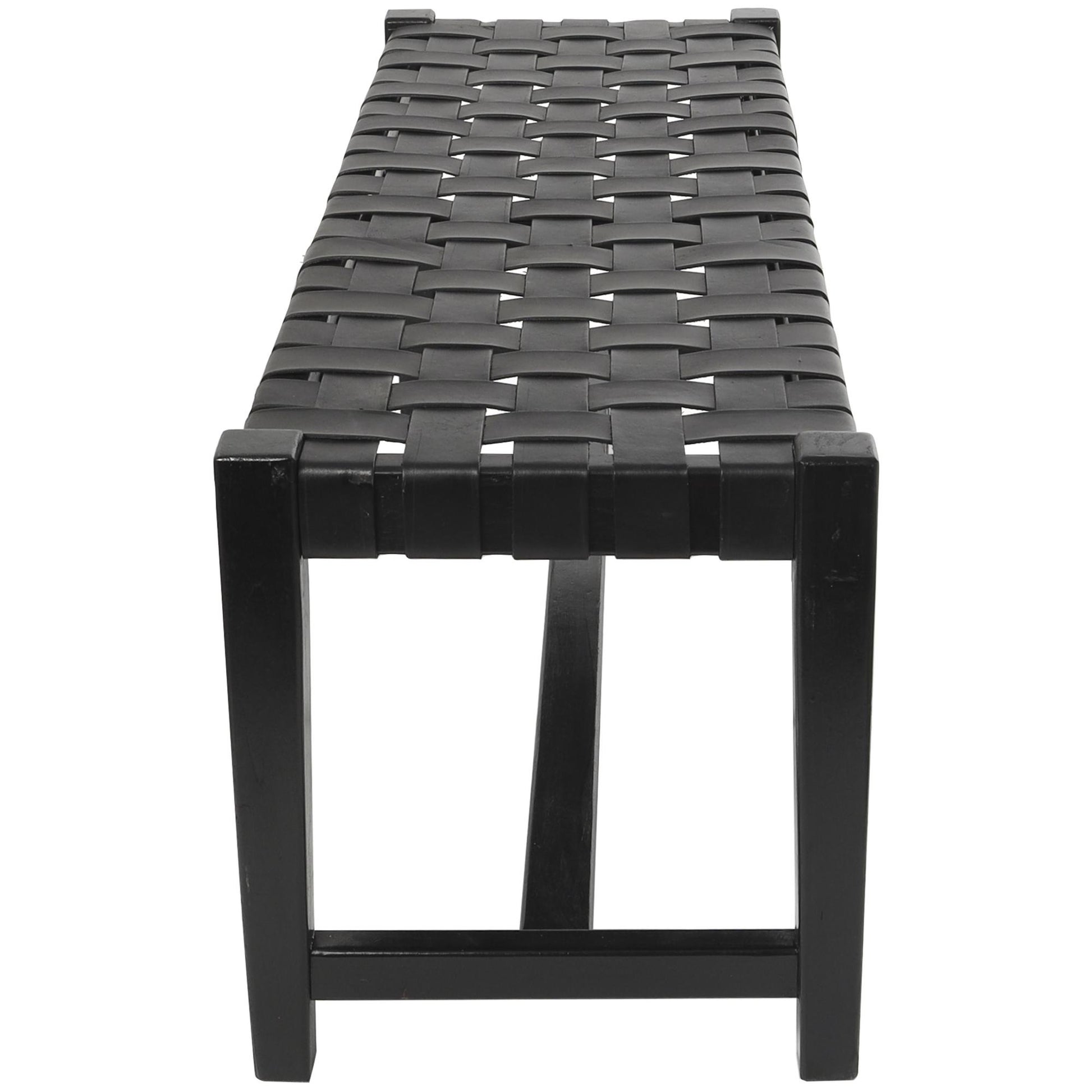 Black Leather Handmade Woven Home Bench with Teak Wood Frame