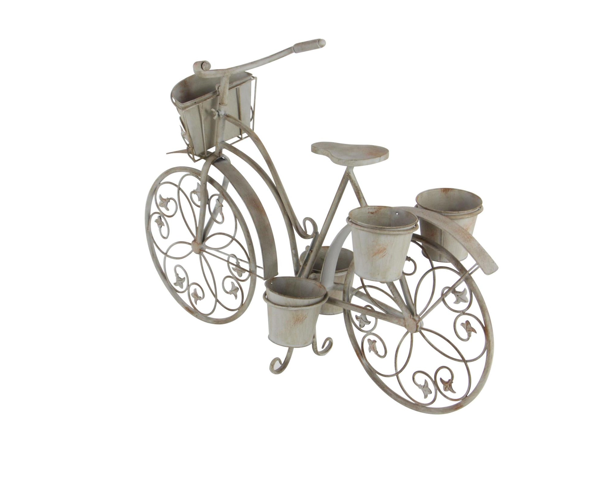 Bike Gray Metal Distressed Scroll 3 Tier Indoor Outdoor Plantstand with Fleur De Lis Wheels