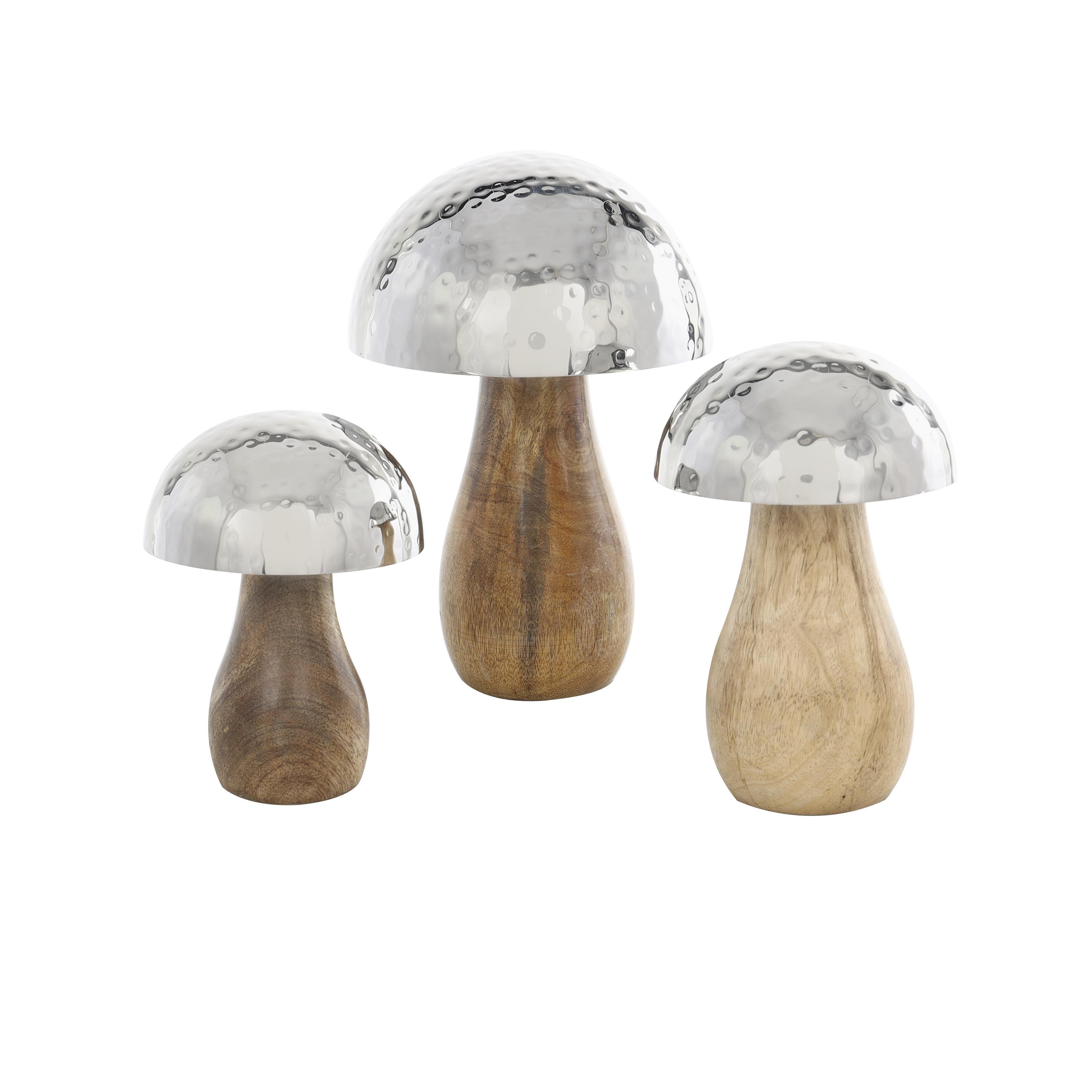 Set of 3 Mushroom Stainless Steel Metal Handmade Hammered Decorative Sculpture with Brown Wood Bases