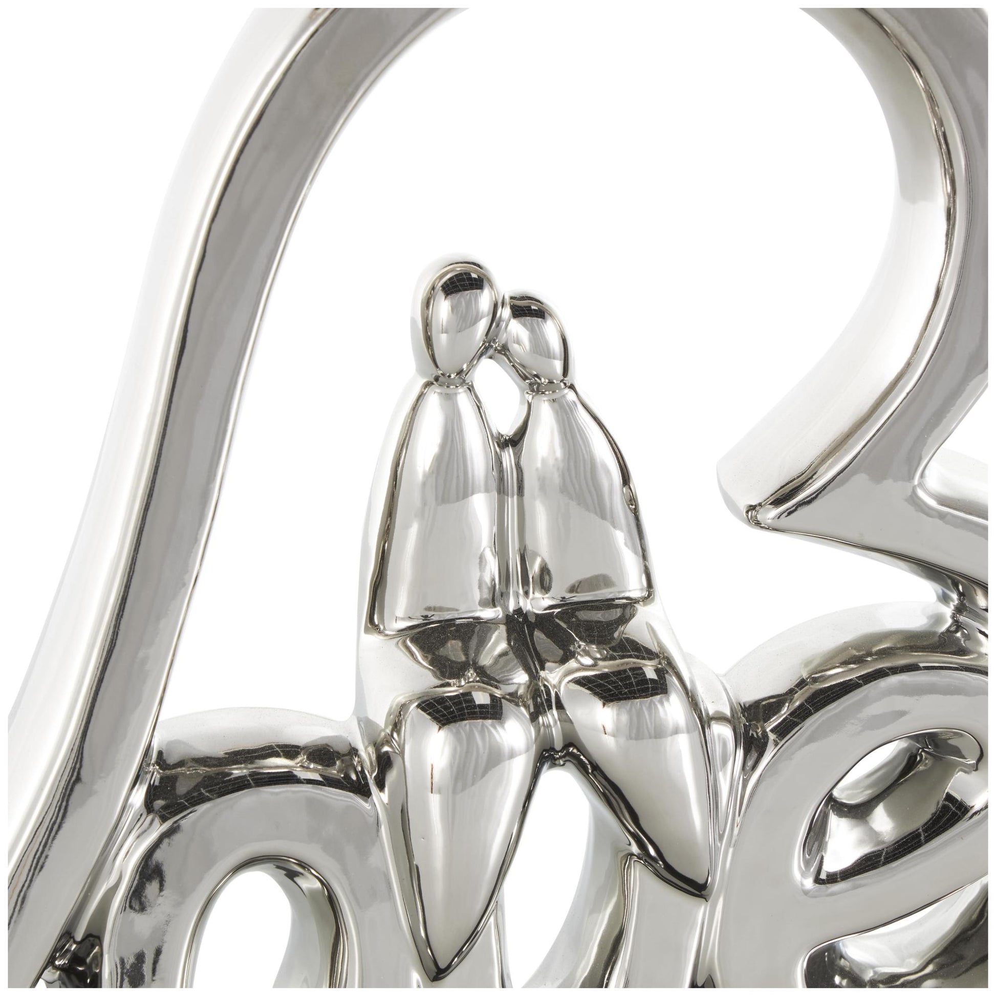 Heart Silver Ceramic Family Love Decorative Sculpture with Black Base