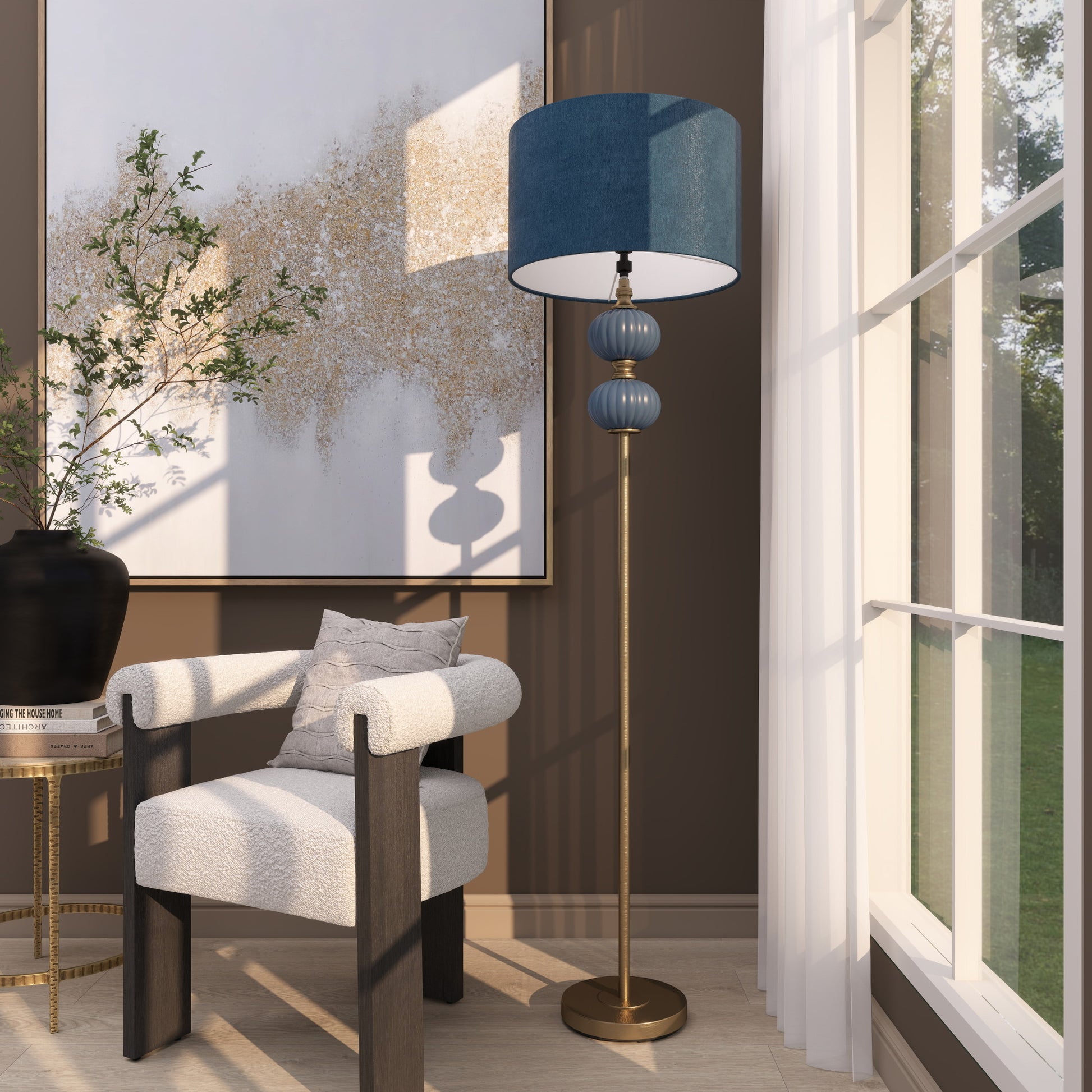 Blue Metal Ribbed Room Floor Lamp with Velvet Shade and Gold Accents