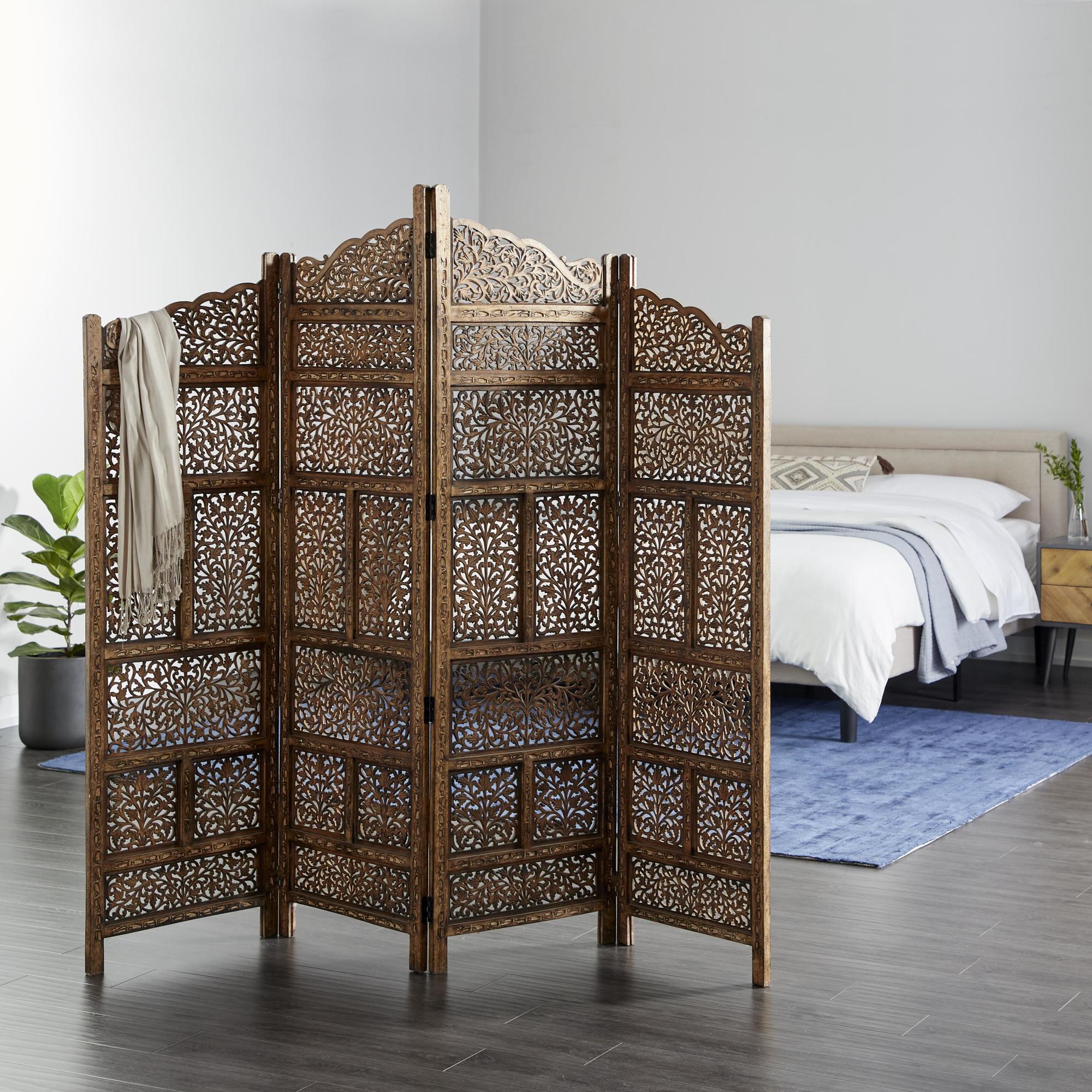 Floral Brown Wooden Handmade Foldable Partition 4 Panel Partition Room Divider Screen with Carved Designs