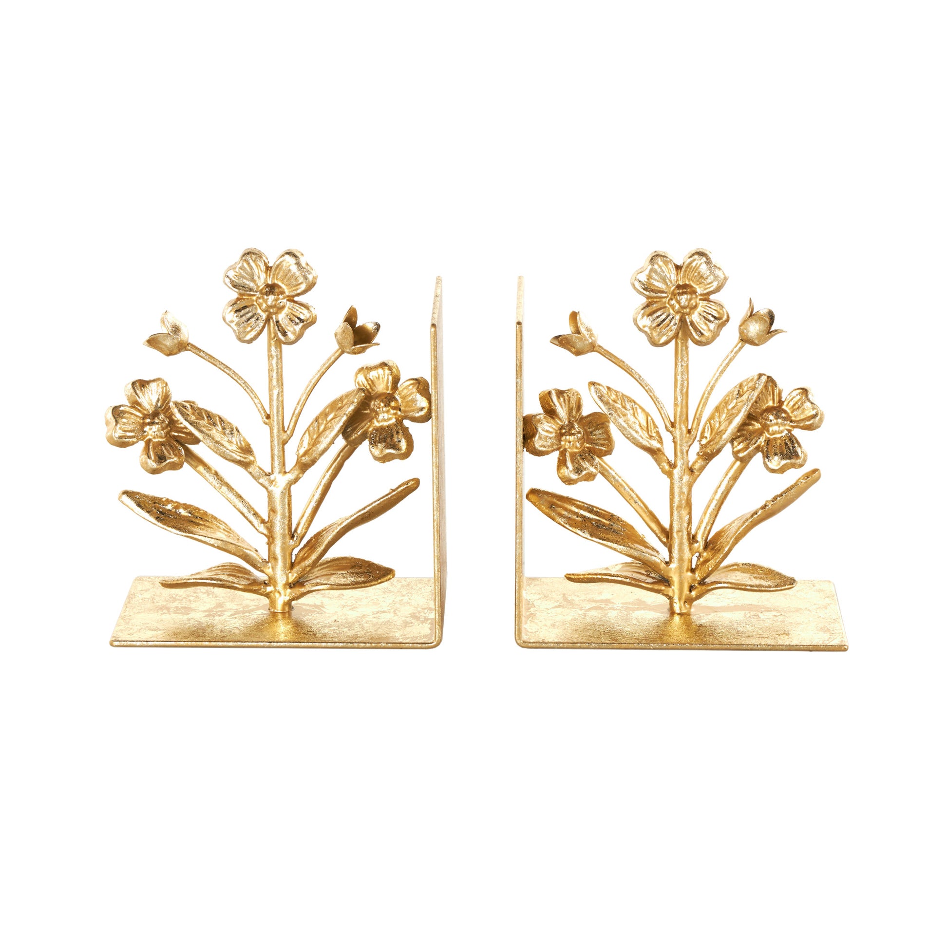 Set of 2 Floral Gold Metal Decorative Bookends with Shimmer Details