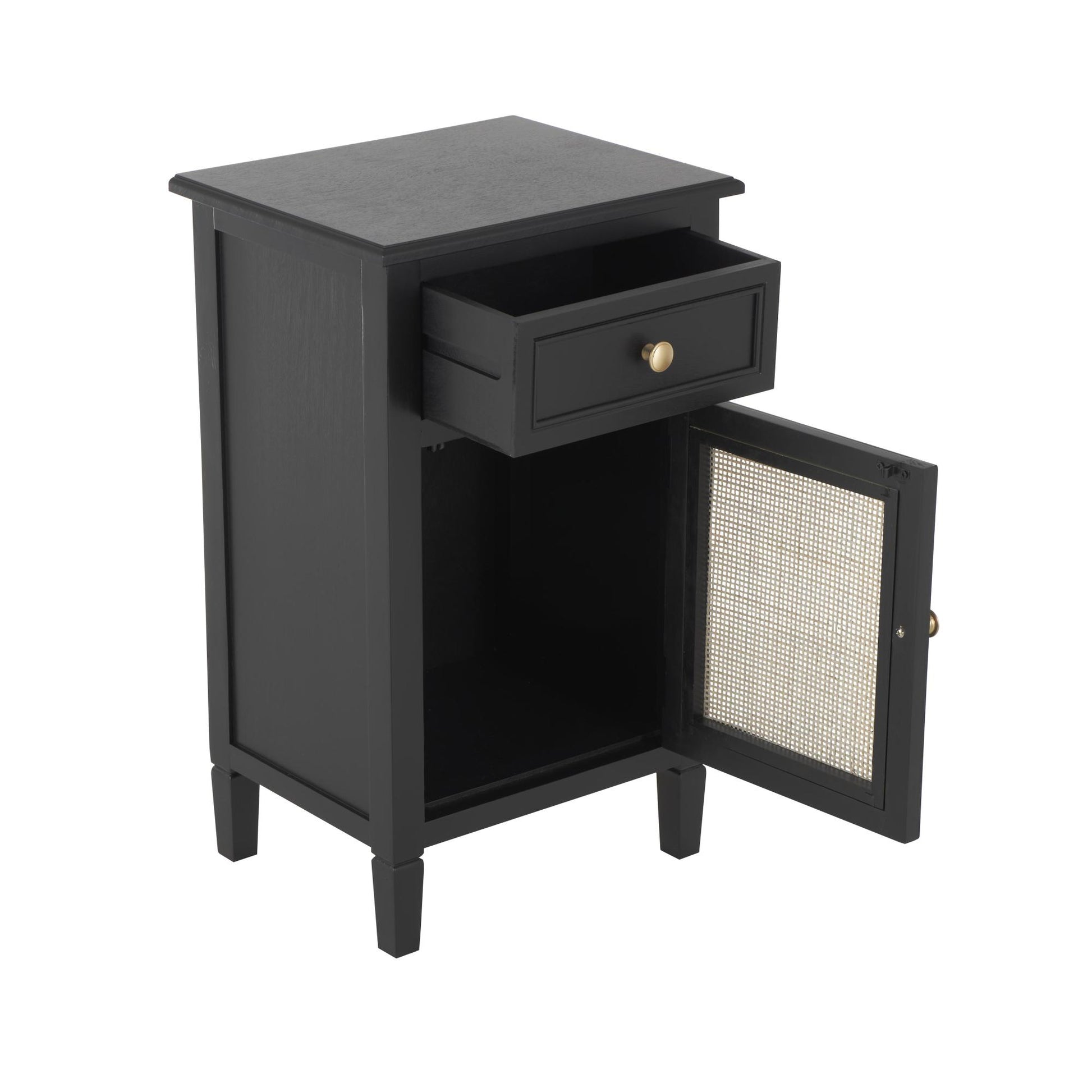 Black Wood Handmade 1 Door and 1 Drawer Room Cabinet with Rattan Front
