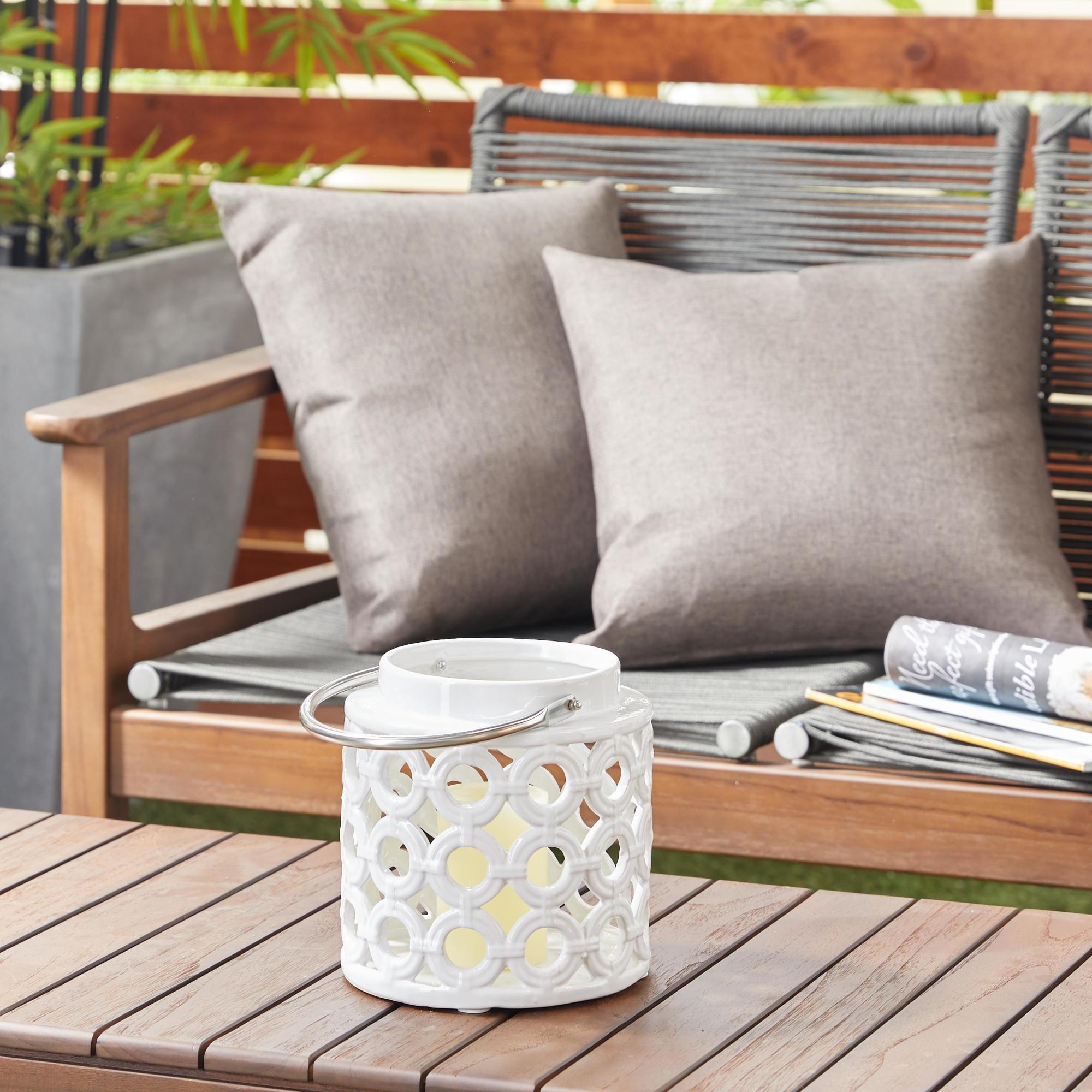 White Ceramic Circles Decorative Indoor Outdoor Candle Lantern with Cut Out Design