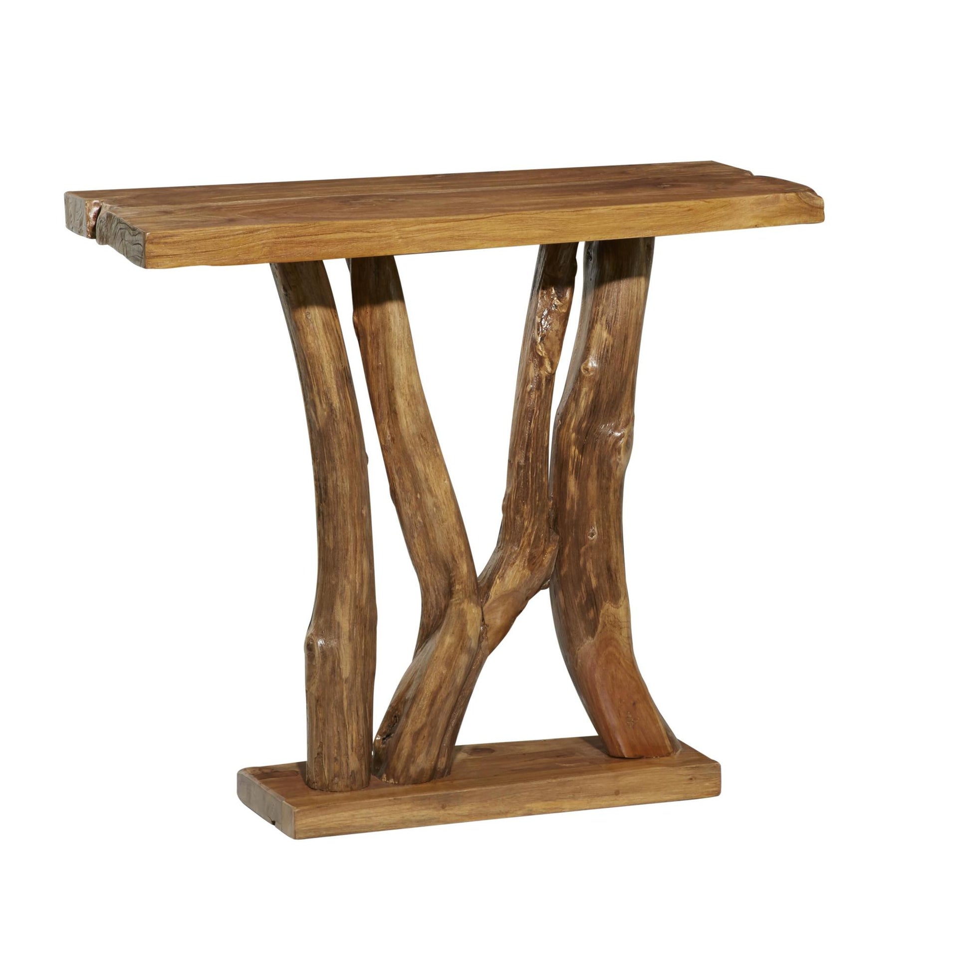 Brown Teak Wood Small Live Edge Tree Trunk Living Room Console Table