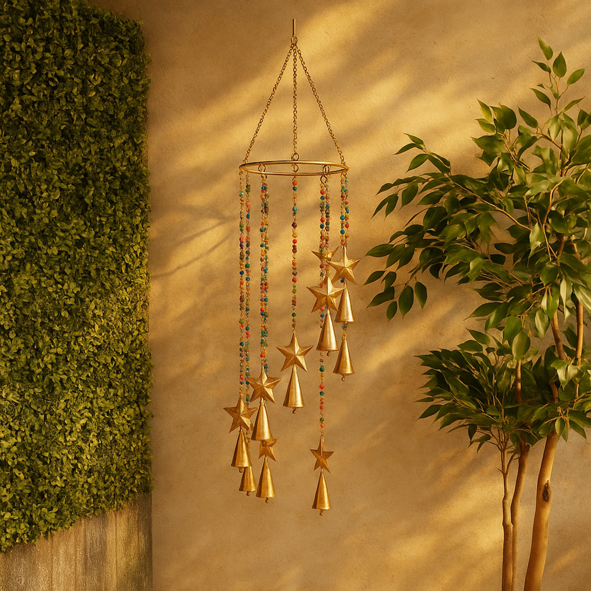 Sun and Star Gold Metal Handmade Indoor Outdoor Windchime with Glass Beads and Cone Bells