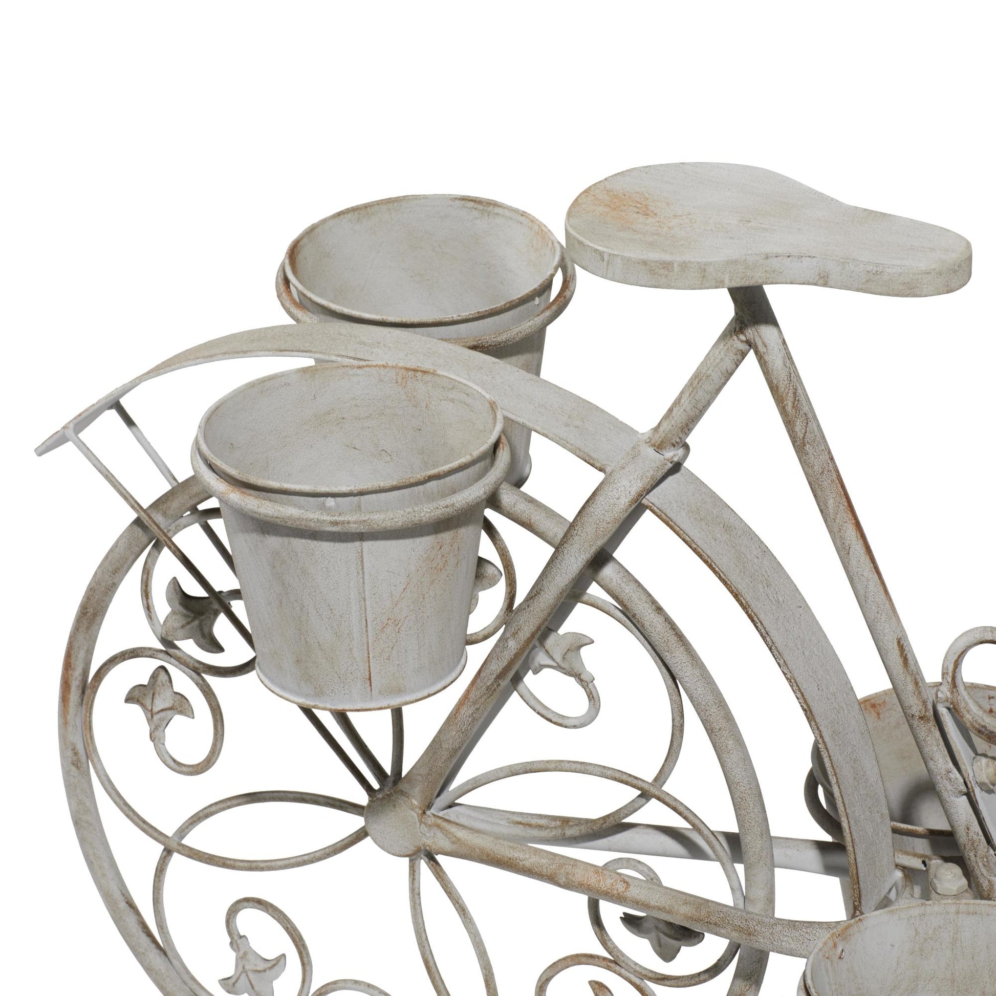Bike Gray Metal Distressed Scroll 3 Tier Indoor Outdoor Plantstand with Fleur De Lis Wheels
