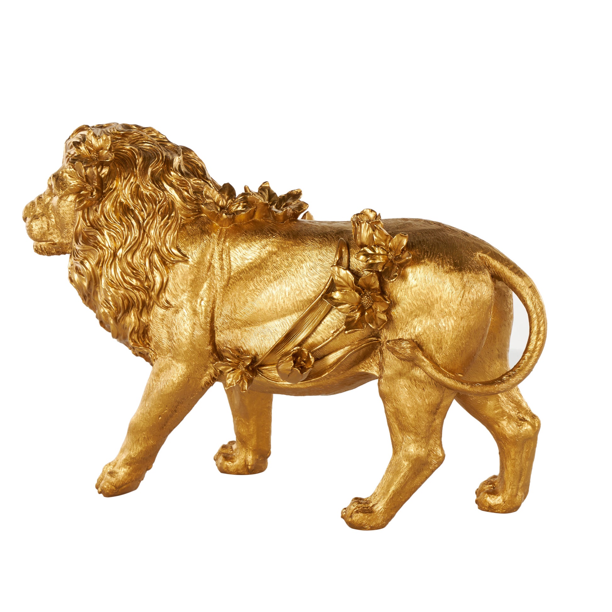 Lion Gold Resin Walking Decorative Sculpture with Floral Accents