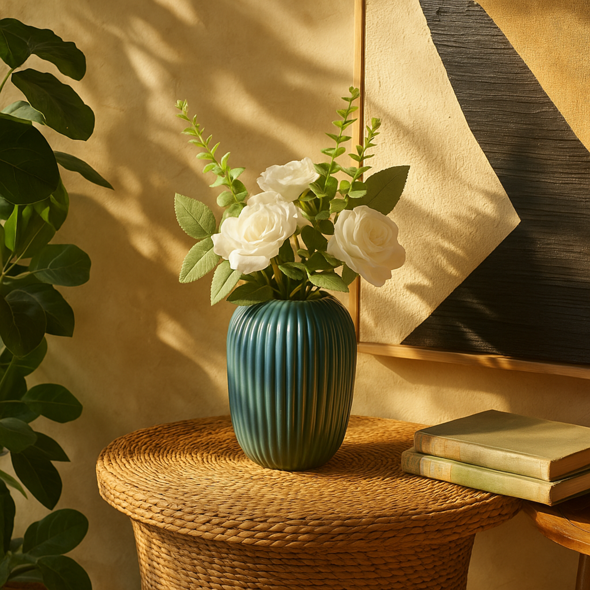 Hydrangea and Pom Pom White Fabric Indoor Outdoor Artificial Flower with Green Leaves and Round Ceramic Vase