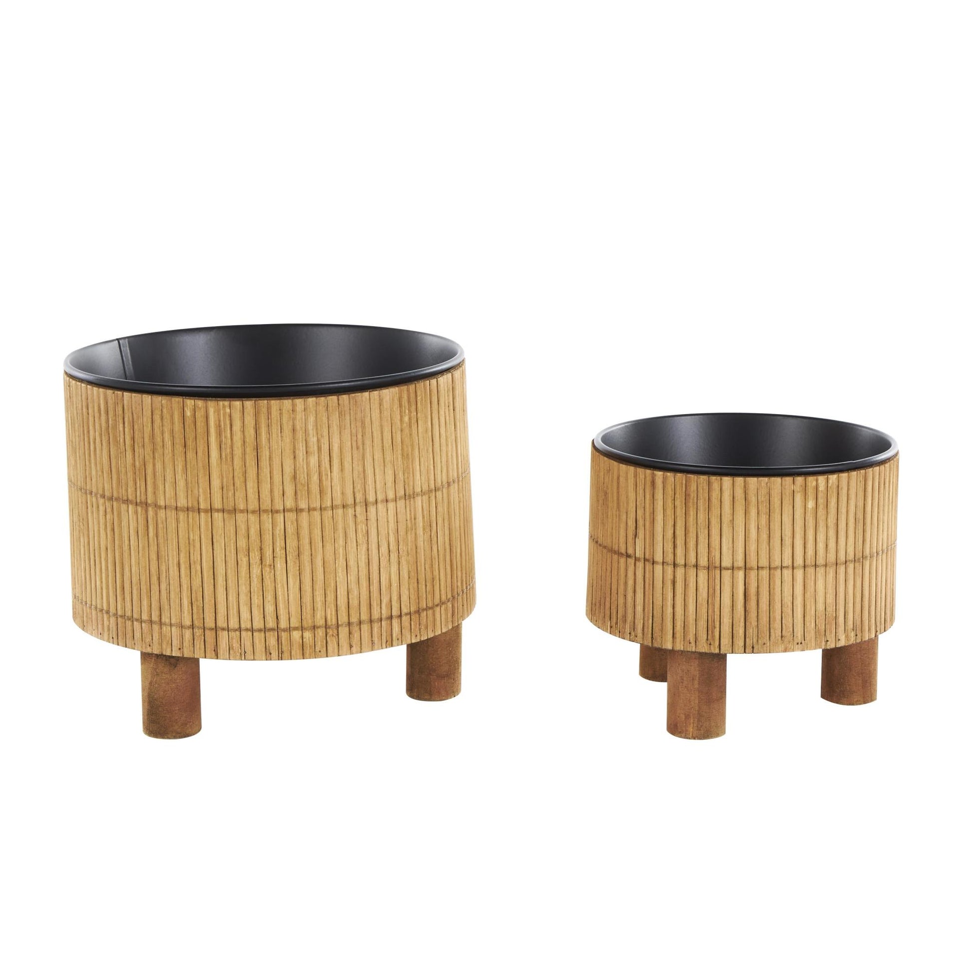 Set of 2 Brown Bamboo Wood Handmade Indoor Planter with Black Metal Interior