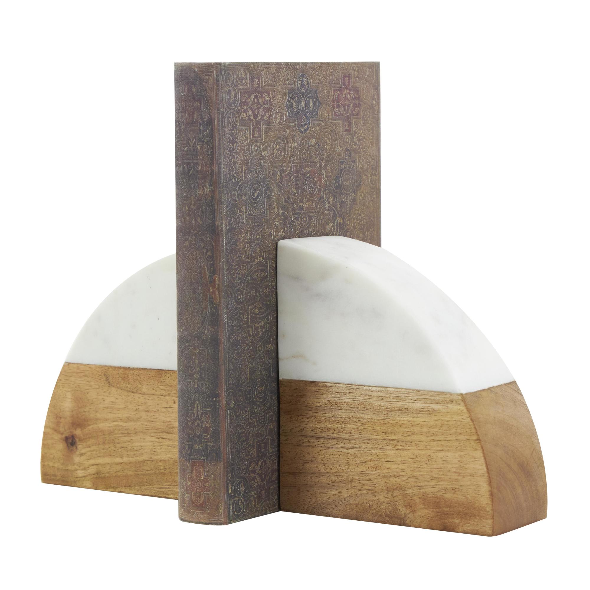 Set of 2 Geometric Brown Mango Wood Arched 5 lbs Decorative Bookends with White Marble Tops