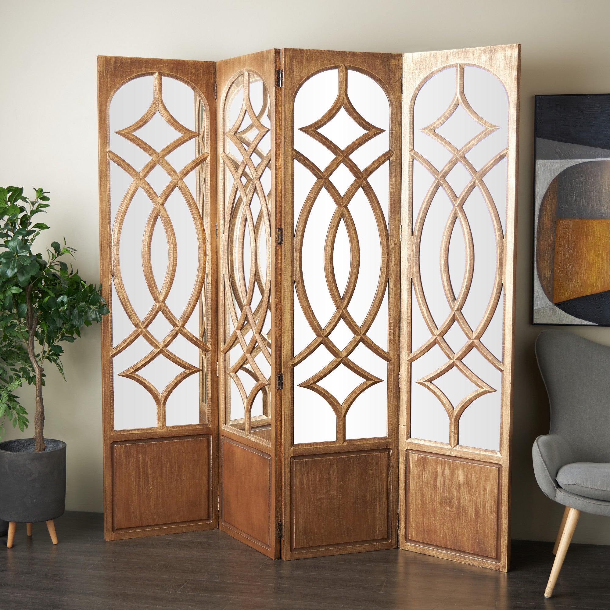 Brown Mango Wood Handmade Hinged Foldable Partition Room Divider Screen with Mirror